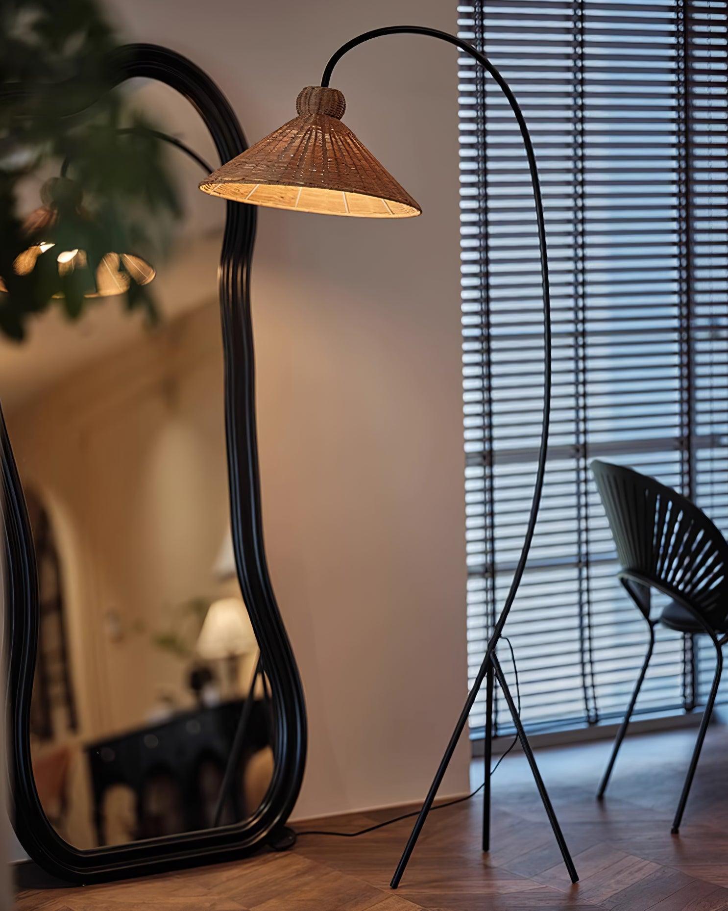 Sombrero Rattan Arc Floor Lamp-Neutral Decor