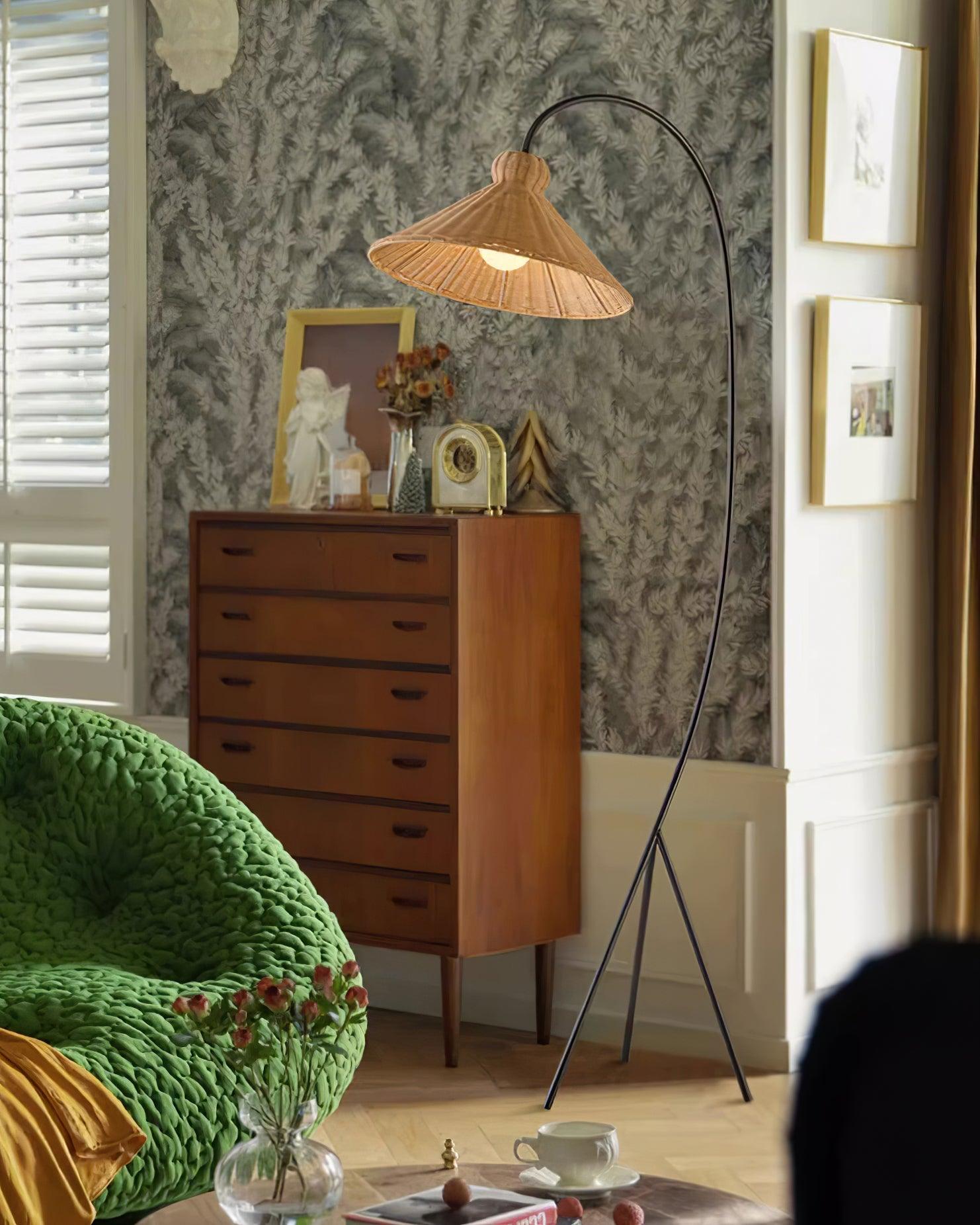 Sombrero Rattan Arc Floor Lamp-Neutral Decor