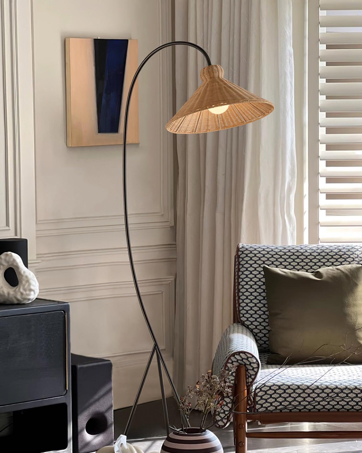 Sombrero Rattan Arc Floor Lamp-Neutral Decor