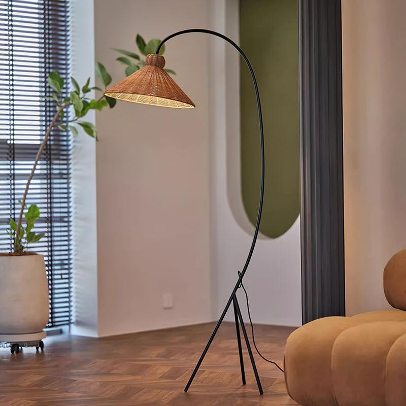 Sombrero Rattan Arc Floor Lamp-Neutral Decor