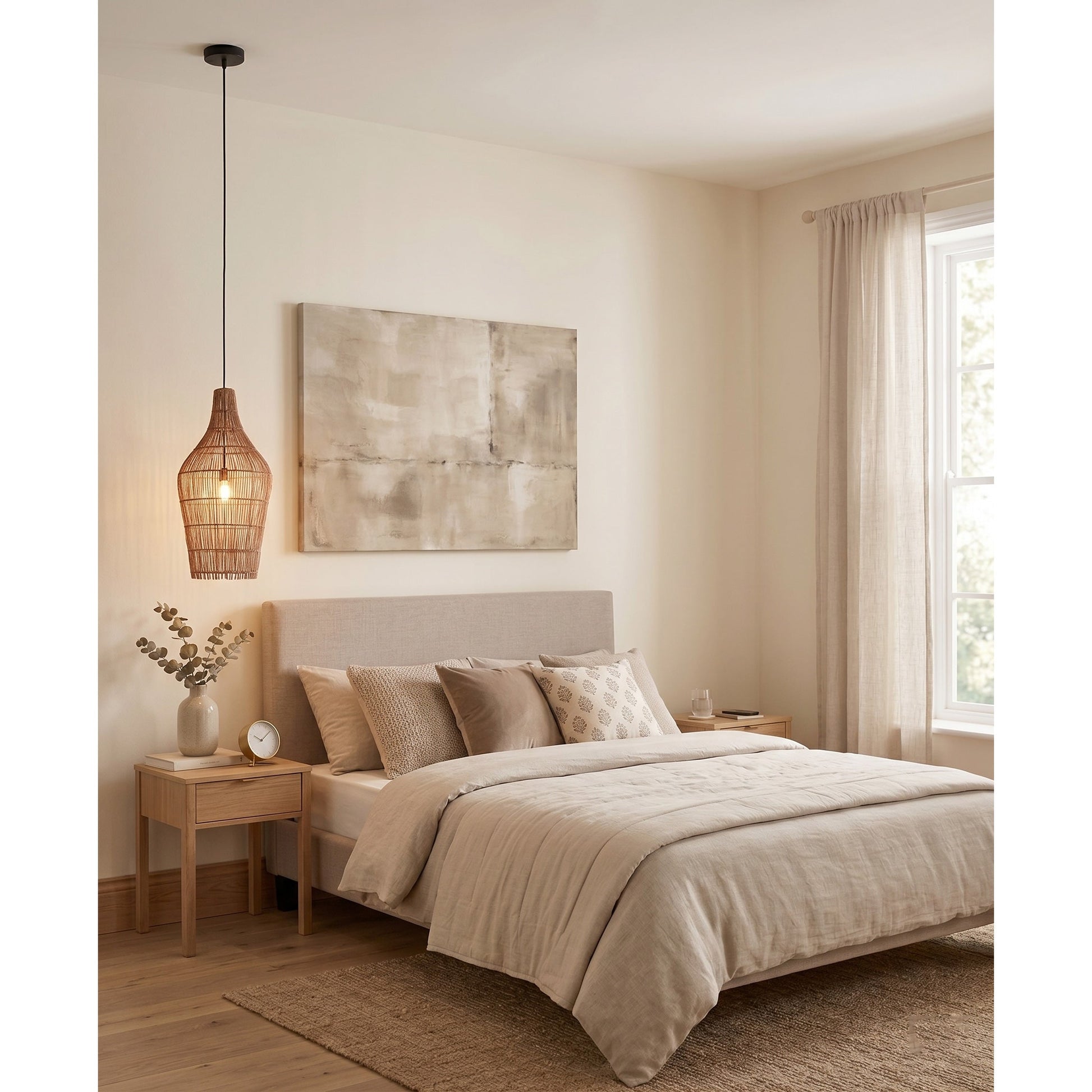 Taylor Rattan Pendant Lamp in a bedroom setting, providing a warm glow.