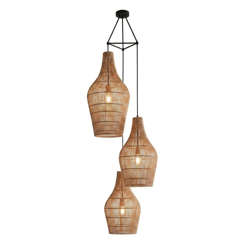 Diagram showing the dimensions of the three-head Taylor Rattan Pendant Lamp.