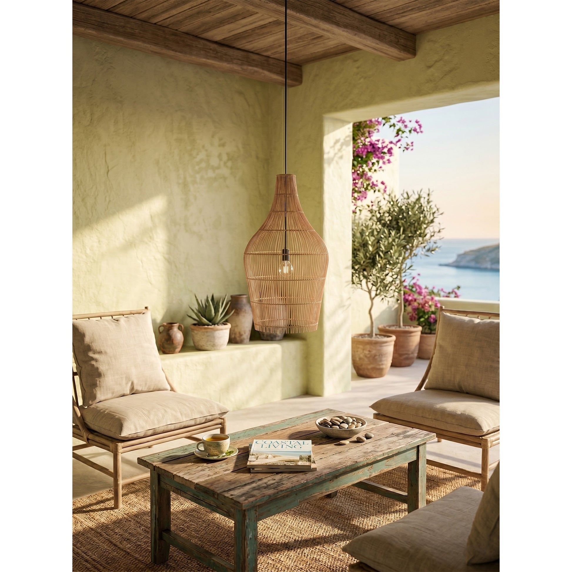 The Taylor Rattan Pendant Lamp illuminating a dining area.