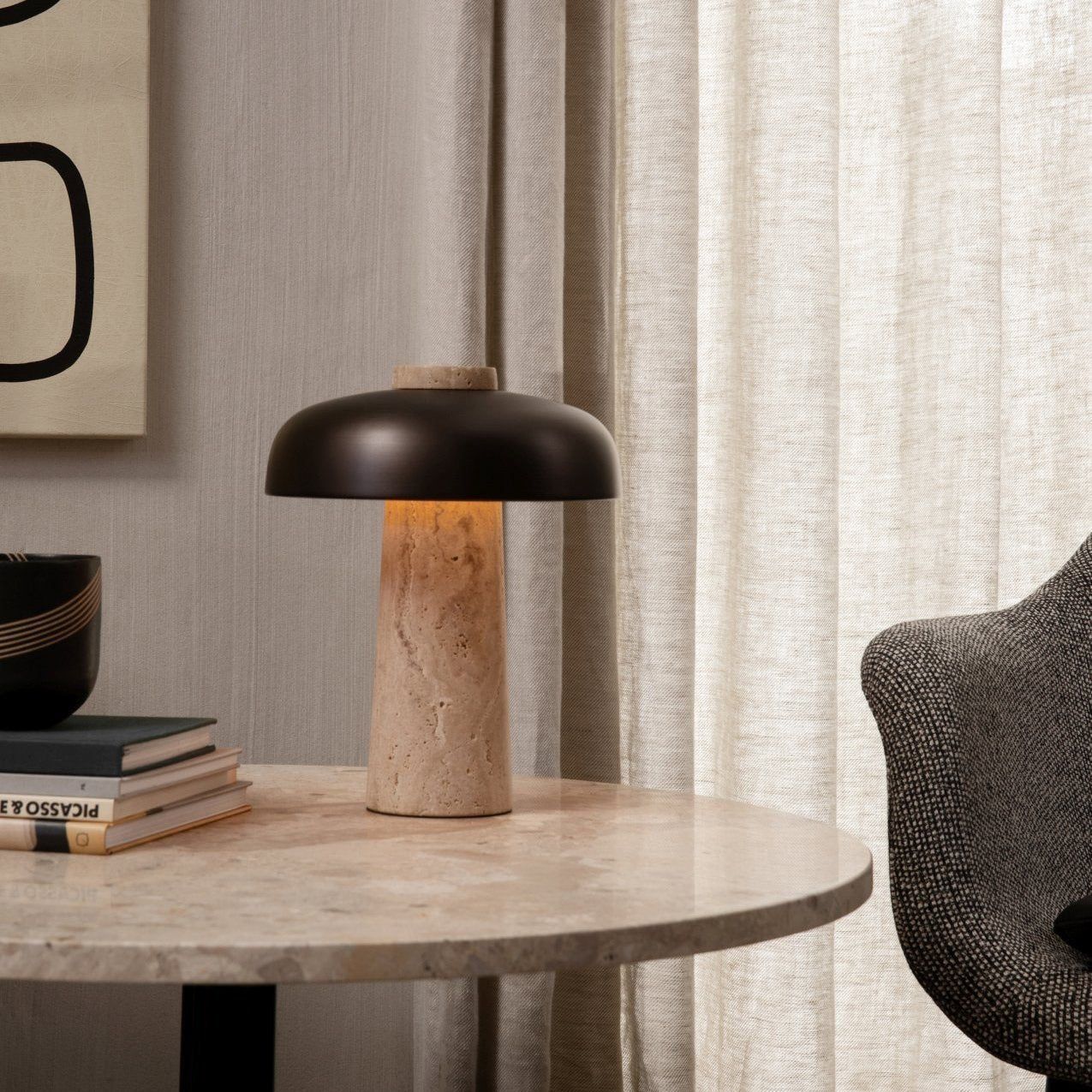 Seveno Mushroom Form Travertine Table Lamp-Neutral Decor