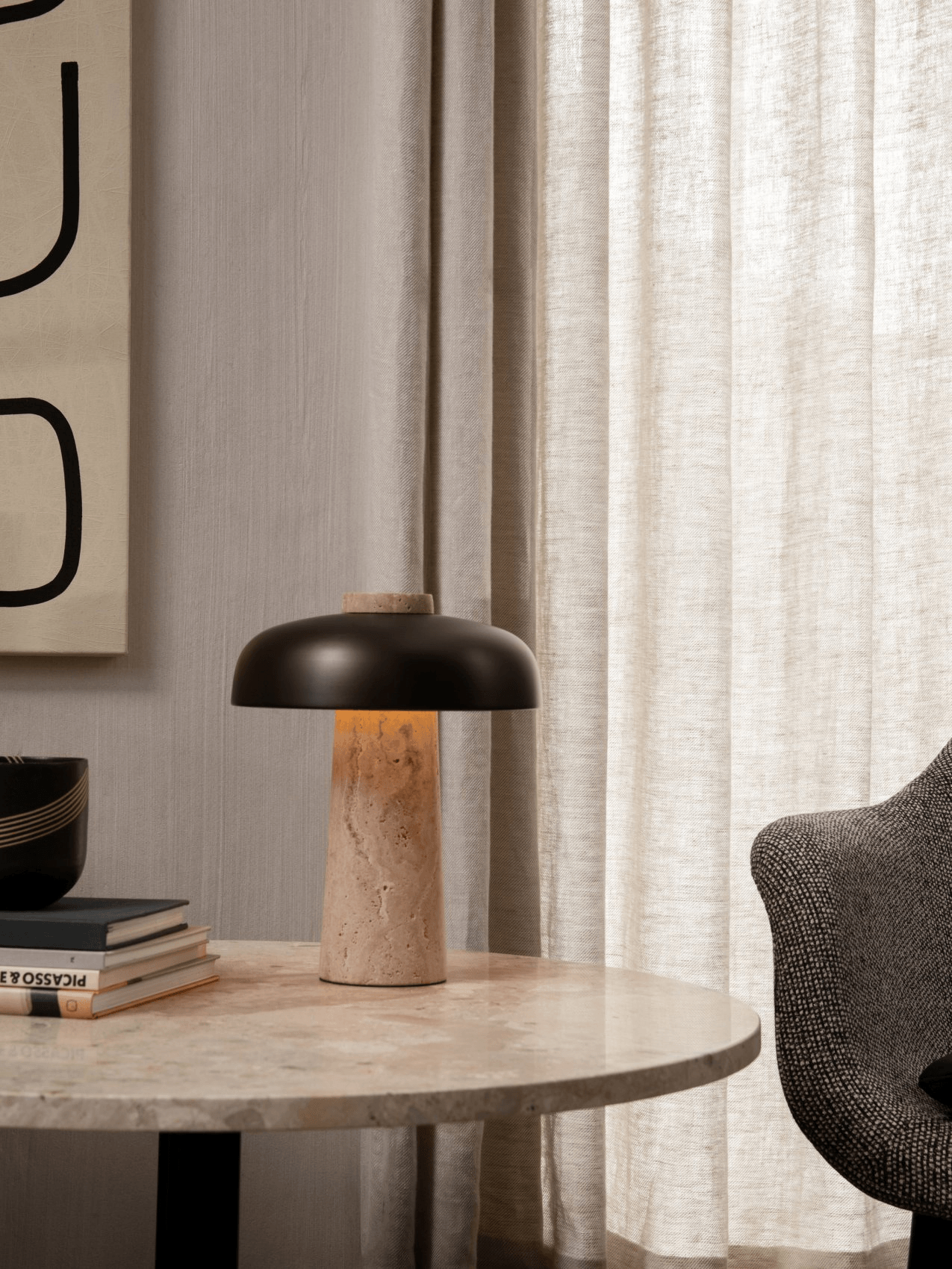 Seveno Mushroom Form Travertine Table Lamp-Neutral Decor