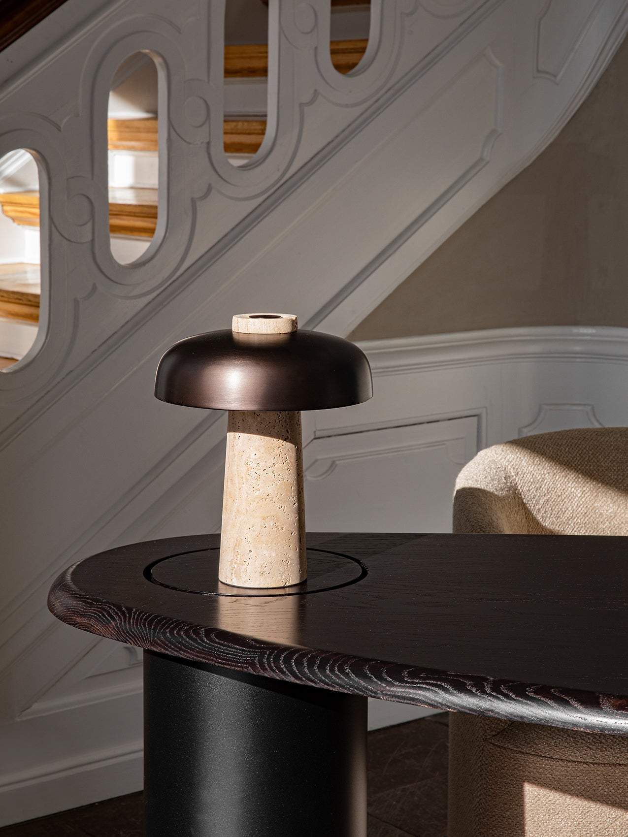 Seveno Mushroom Form Travertine Table Lamp-Neutral Decor
