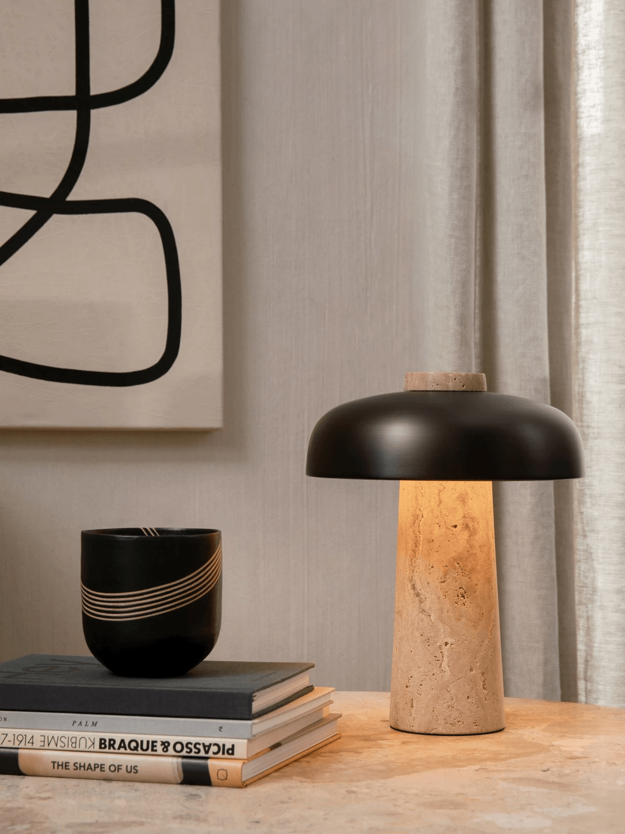 Seveno Mushroom Form Travertine Table Lamp-Neutral Decor