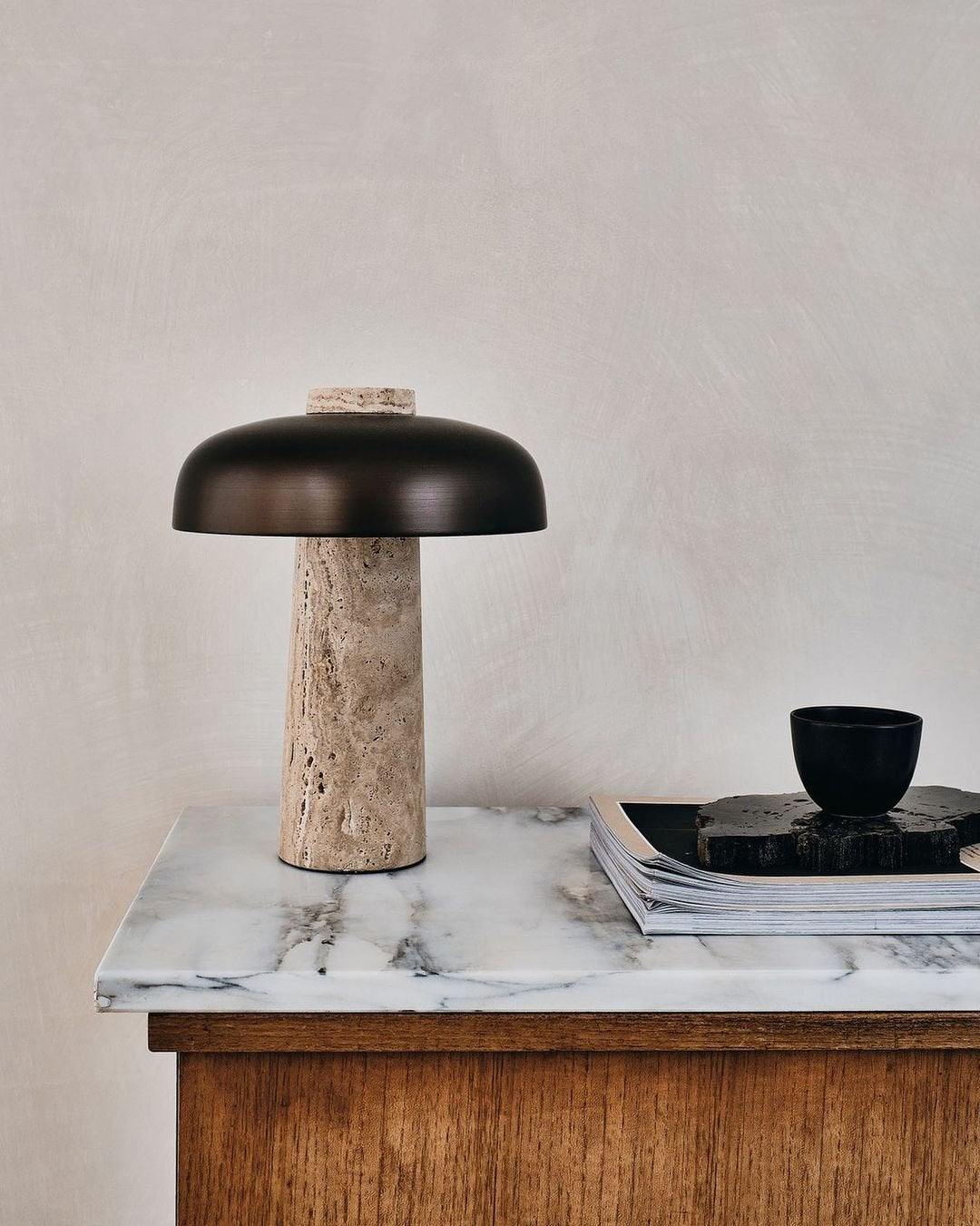 Seveno Mushroom Form Travertine Table Lamp-Neutral Decor
