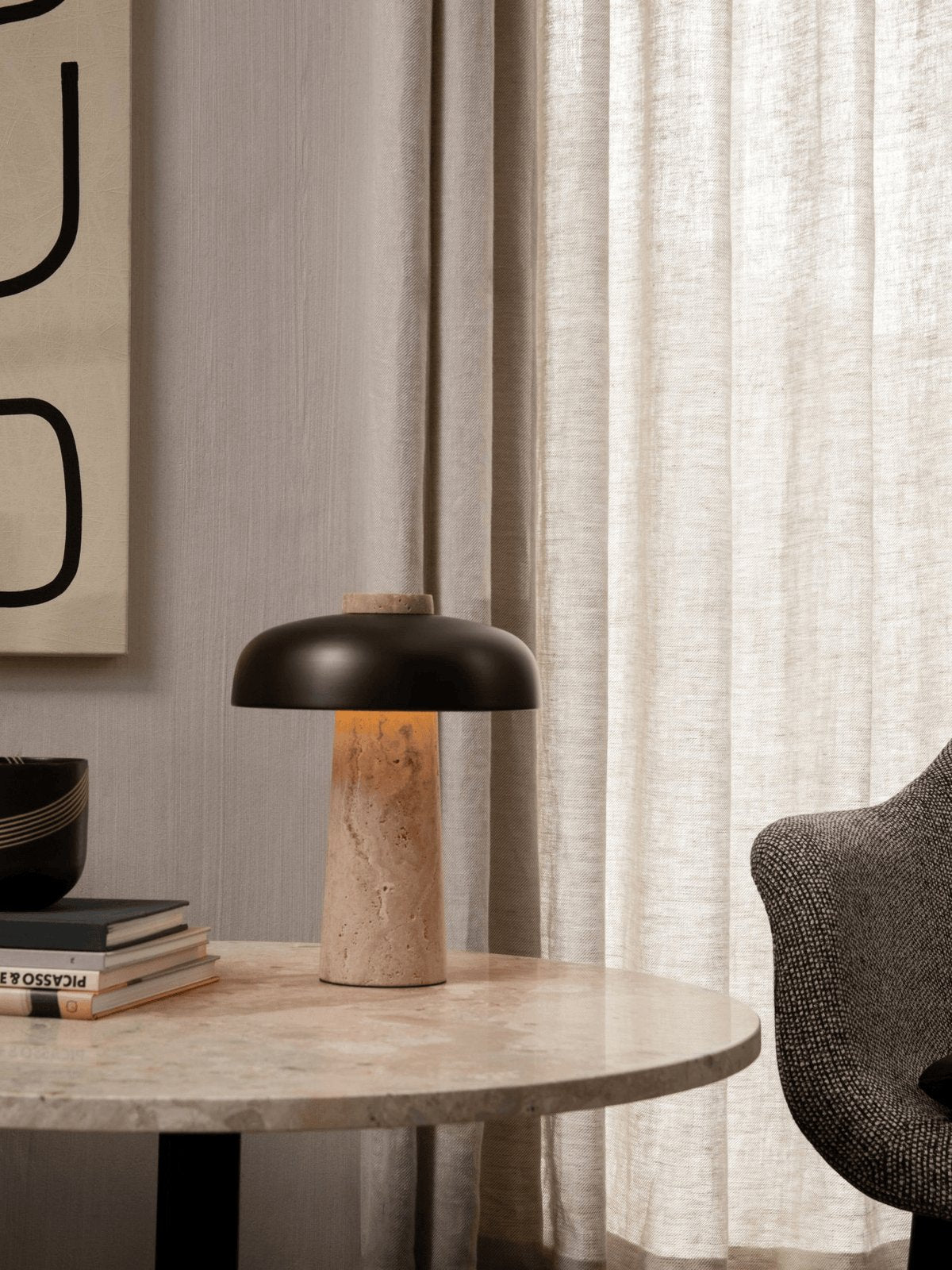 Seveno Mushroom Form Travertine Table Lamp-Neutral Decor