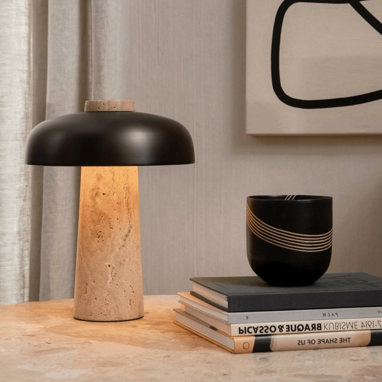 Seveno Mushroom Form Travertine Table Lamp-Neutral Decor