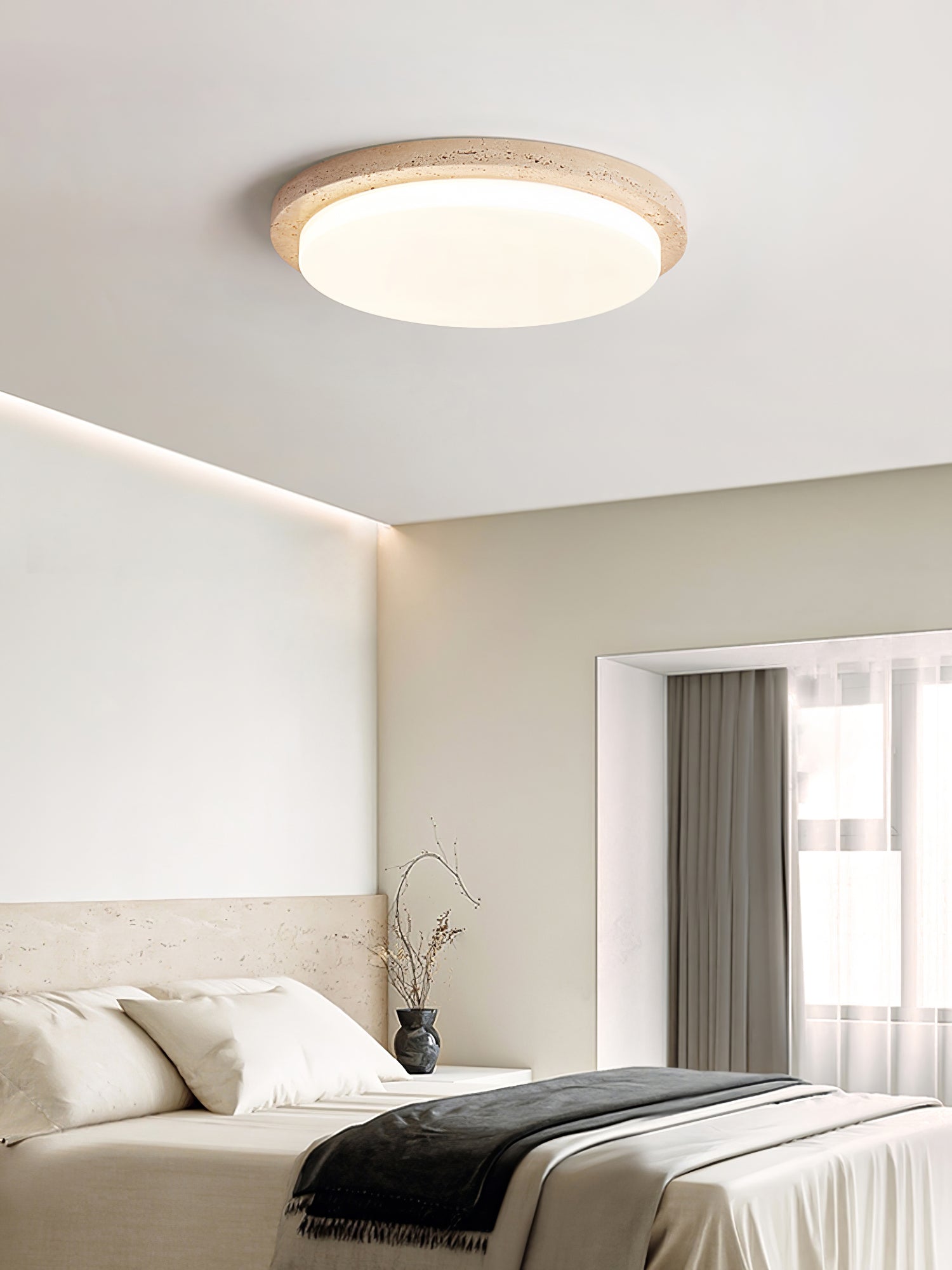 Dalvor Smooth-Rim Travertine Ceiling Light-Neutral Decor