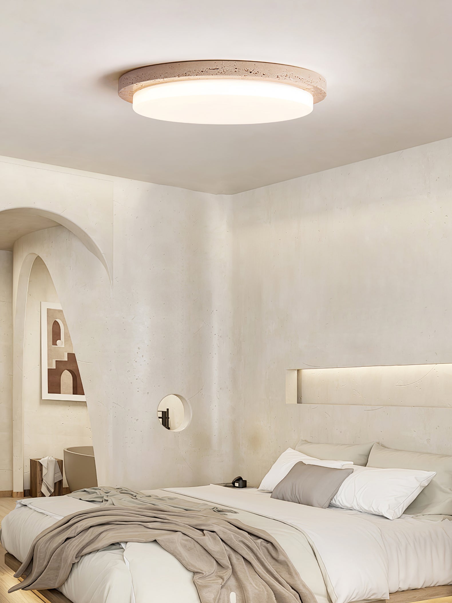 Dalvor Smooth-Rim Travertine Ceiling Light-Neutral Decor