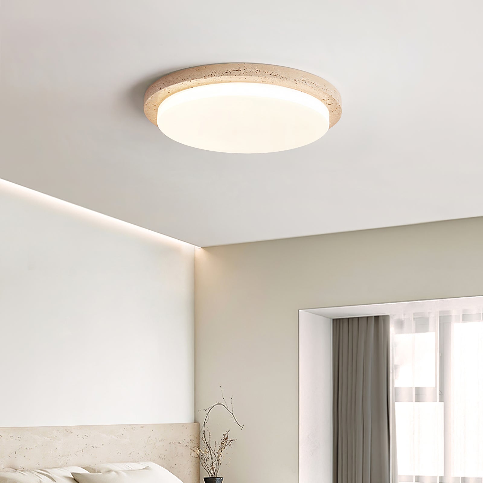 Dalvor Smooth-Rim Travertine Ceiling Light-Neutral Decor