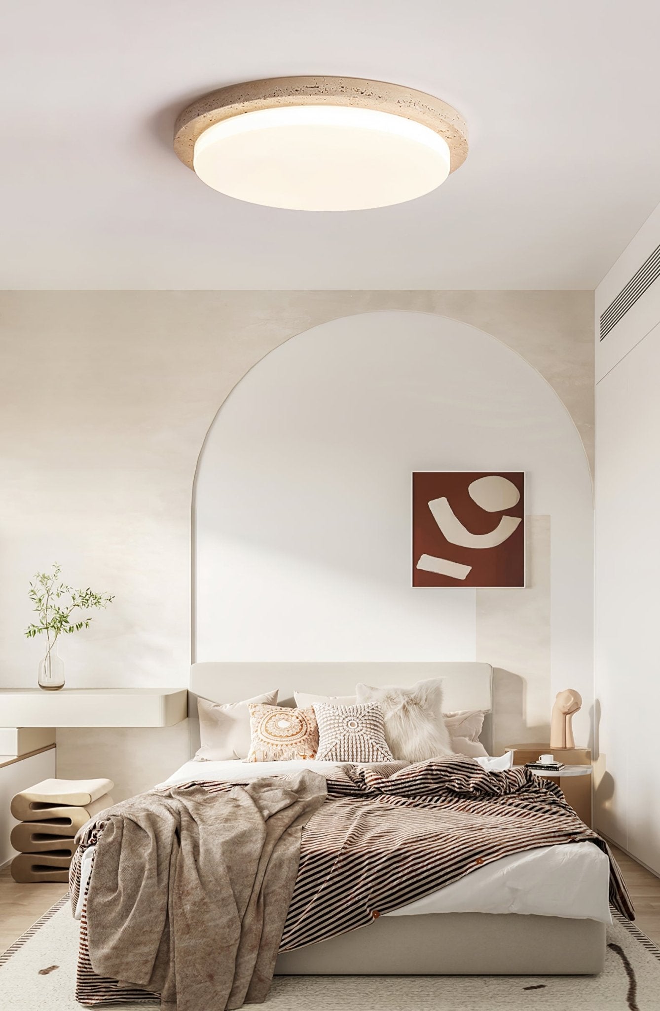Dalvor Smooth-Rim Travertine Ceiling Light-Neutral Decor