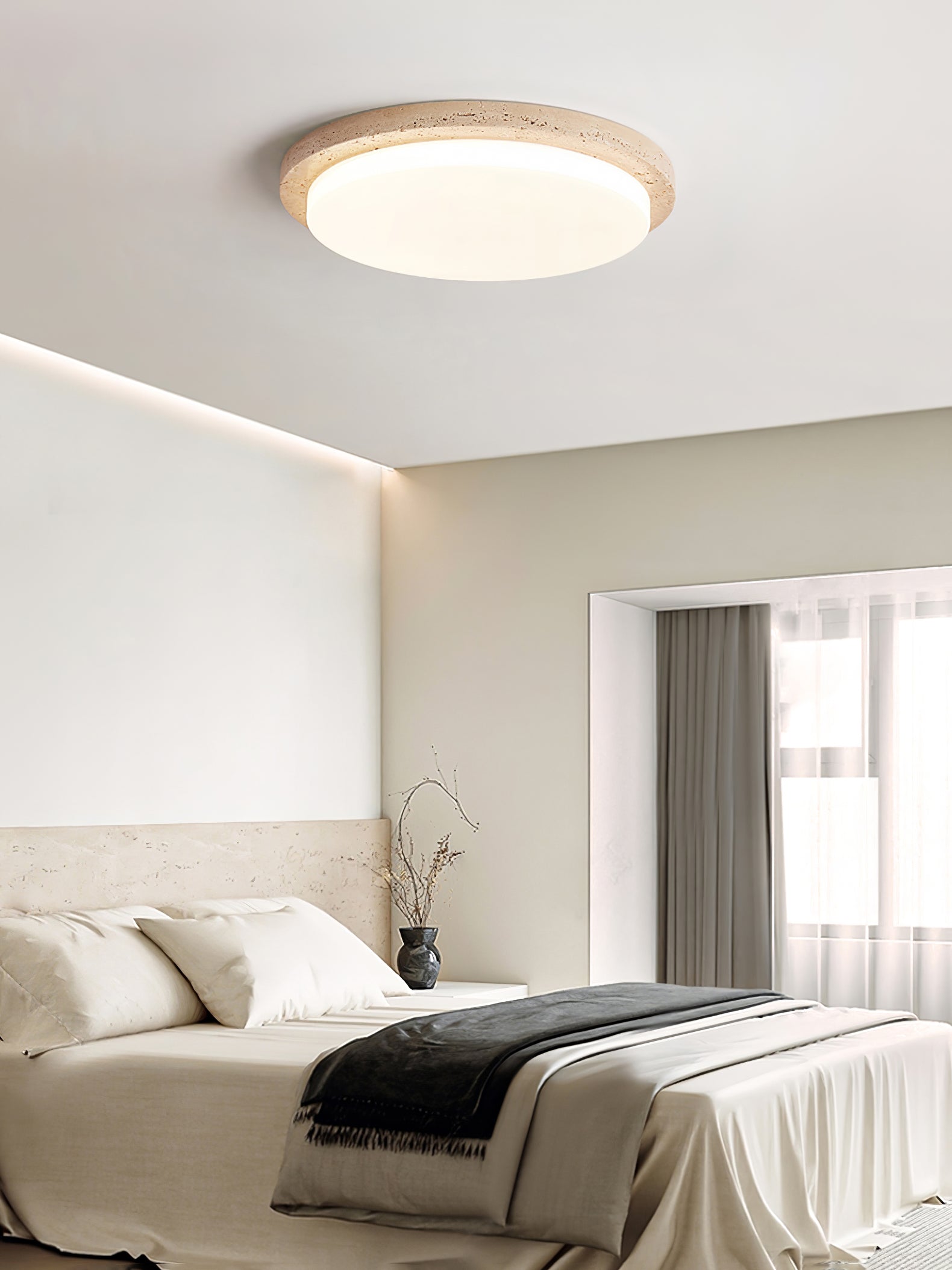 Dalvor Smooth-Rim Travertine Ceiling Light-Neutral Decor