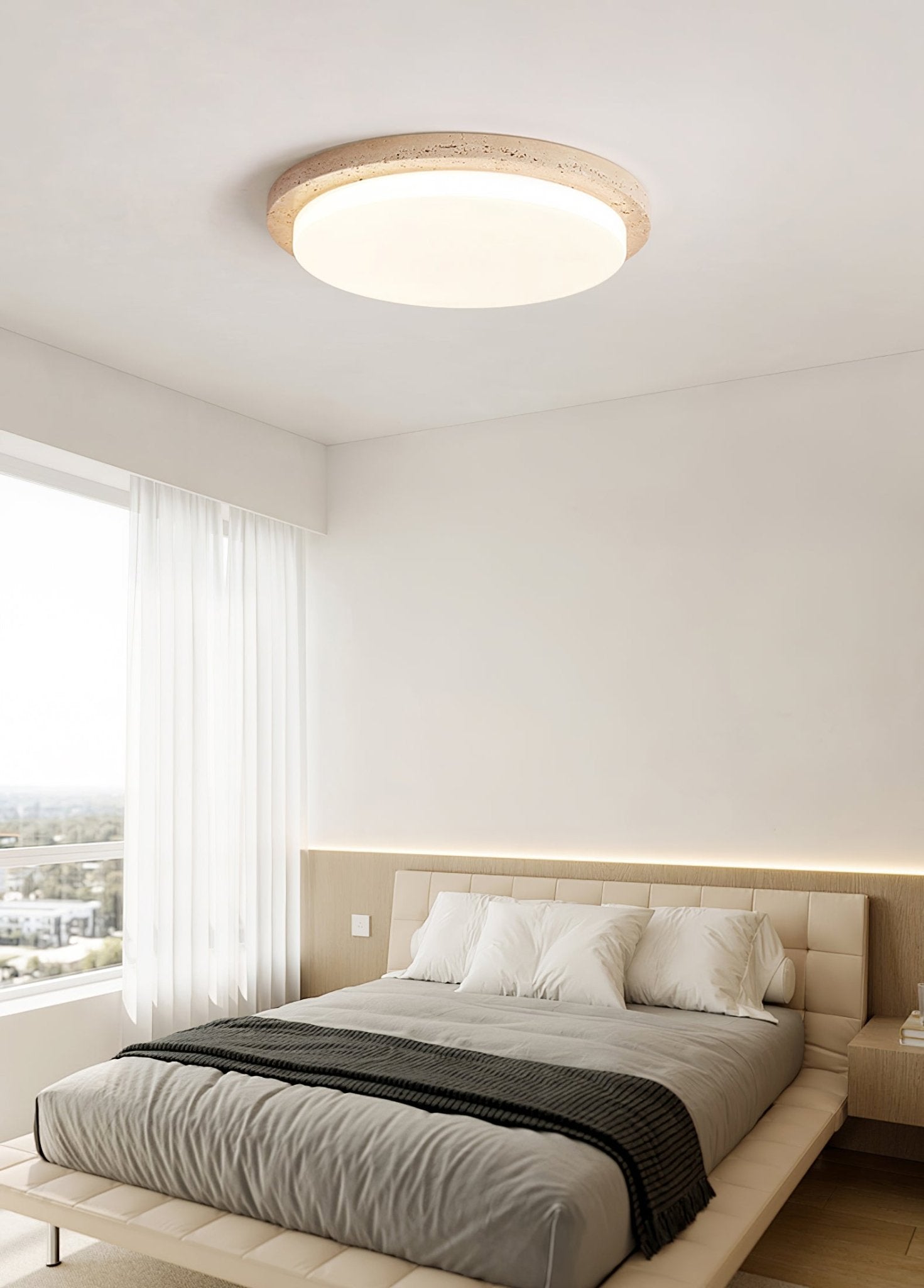 Dalvor Smooth-Rim Travertine Ceiling Light-Neutral Decor