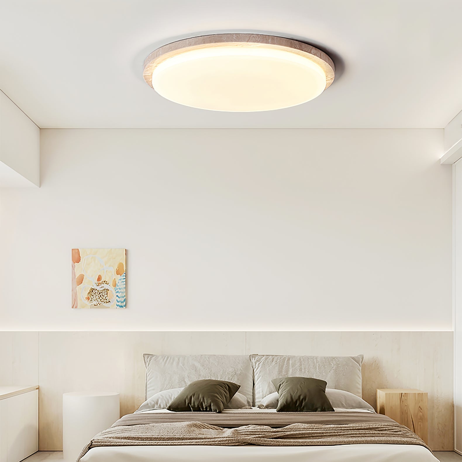 Dalvor Smooth-Rim Travertine Ceiling Light-Neutral Decor