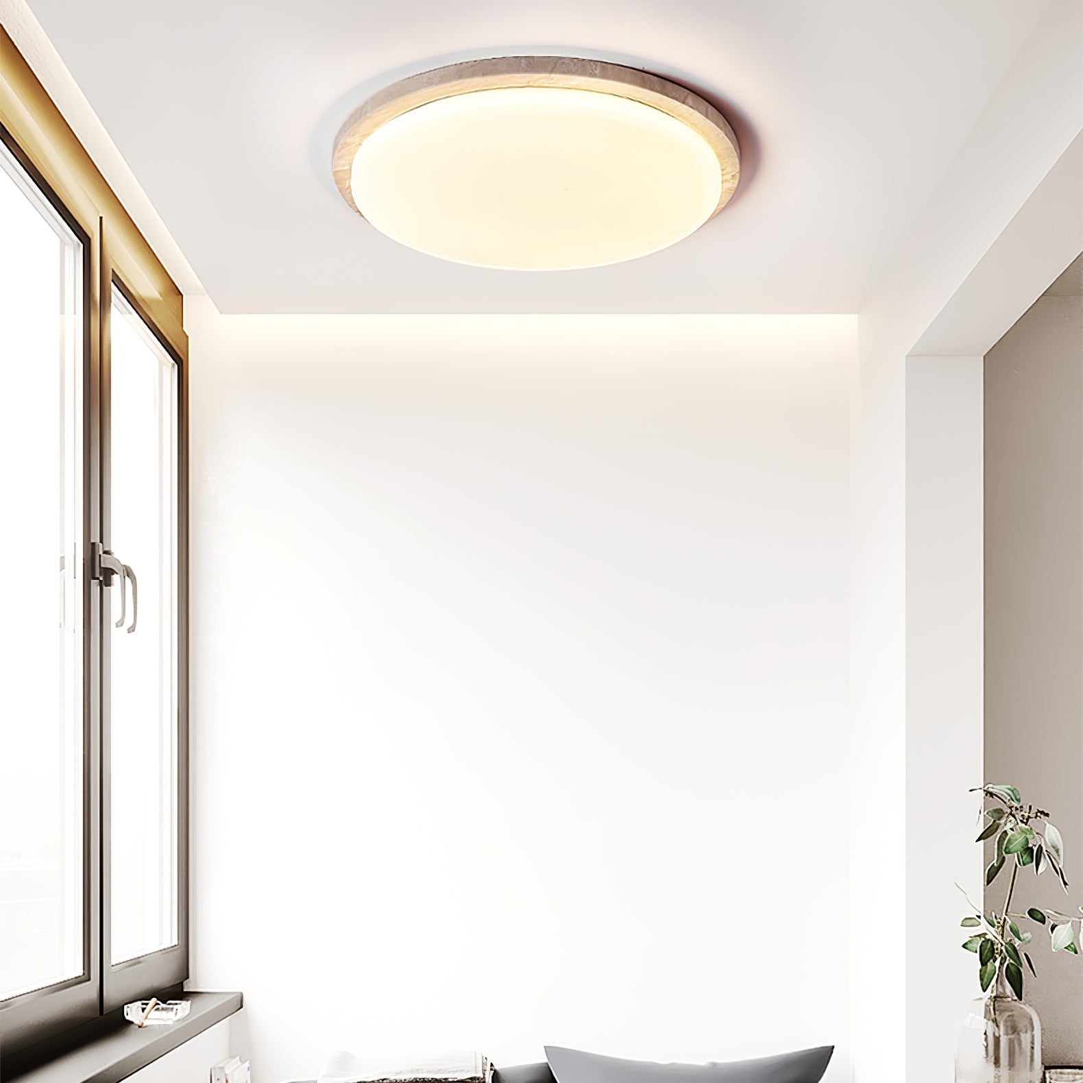 Dalvor Smooth-Rim Travertine Ceiling Light-Neutral Decor