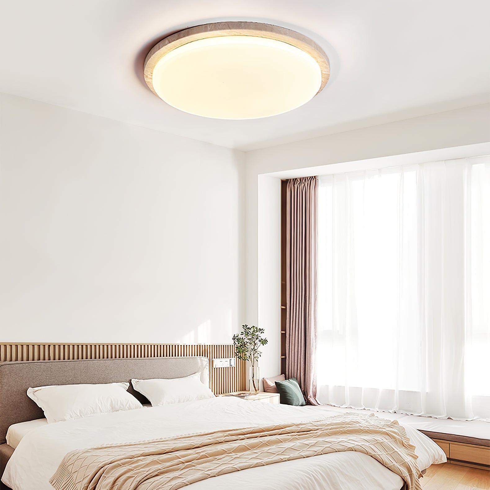 Dalvor Smooth-Rim Travertine Ceiling Light-Neutral Decor