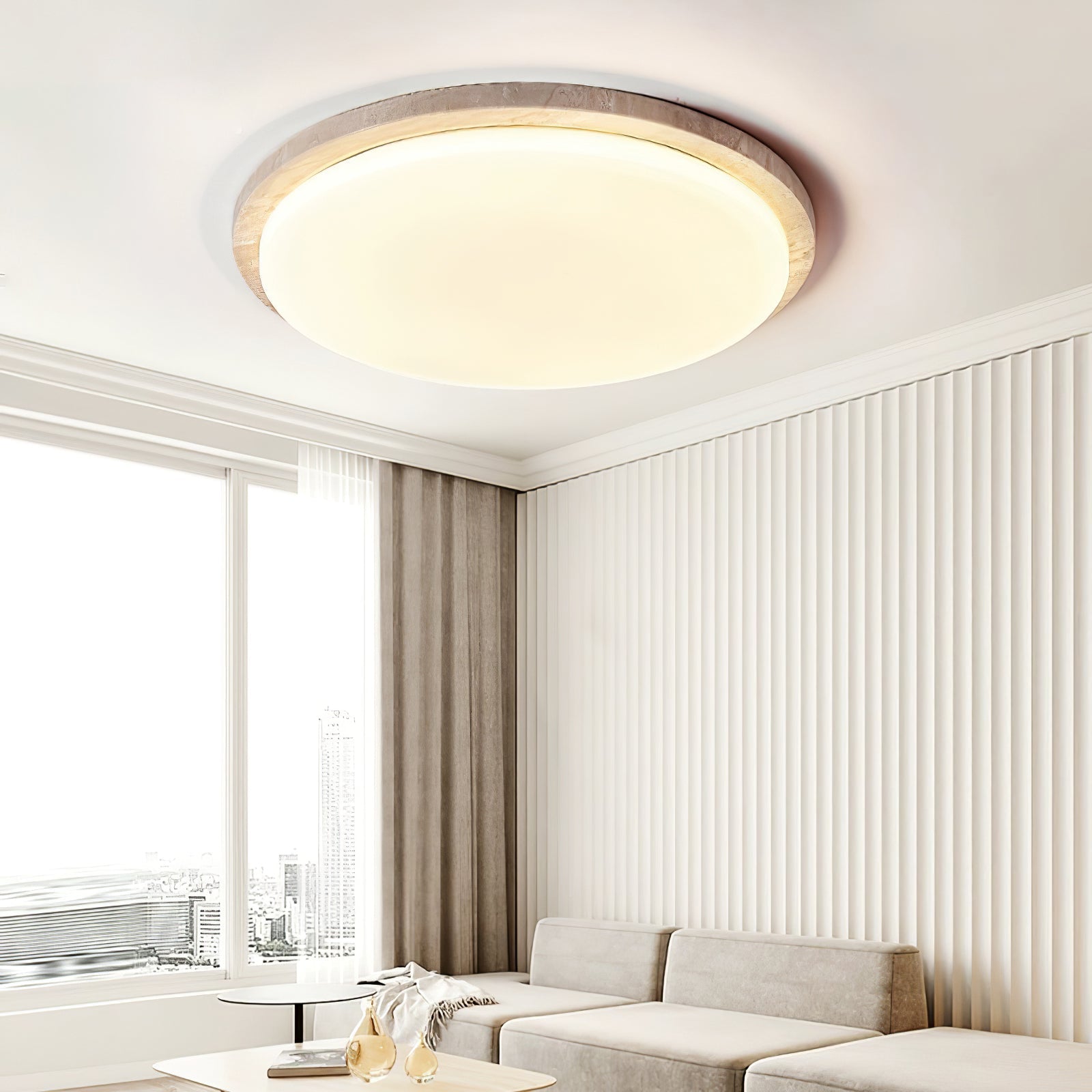 Dalvor Smooth-Rim Travertine Ceiling Light-Neutral Decor