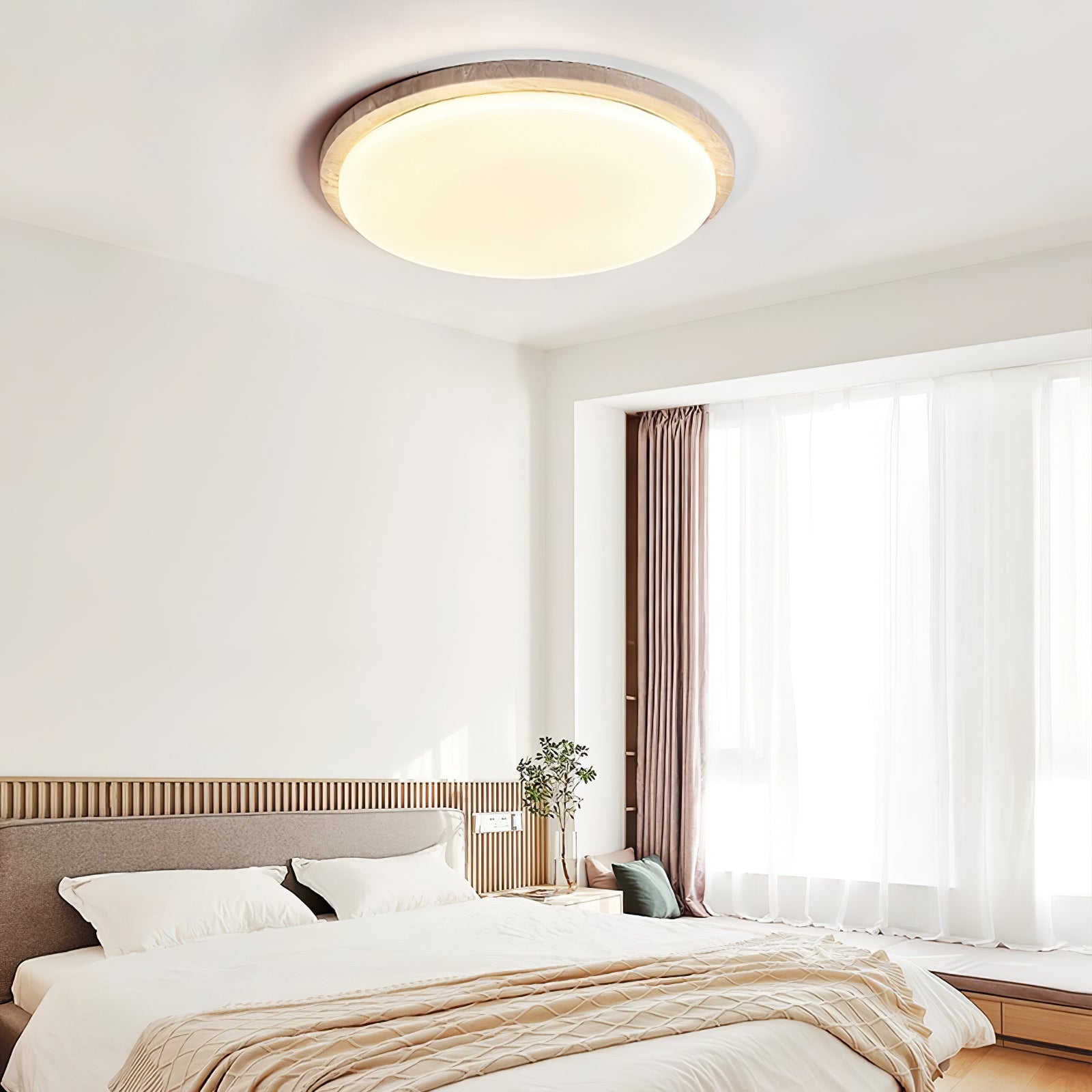 Dalvor Smooth-Rim Travertine Ceiling Light-Neutral Decor