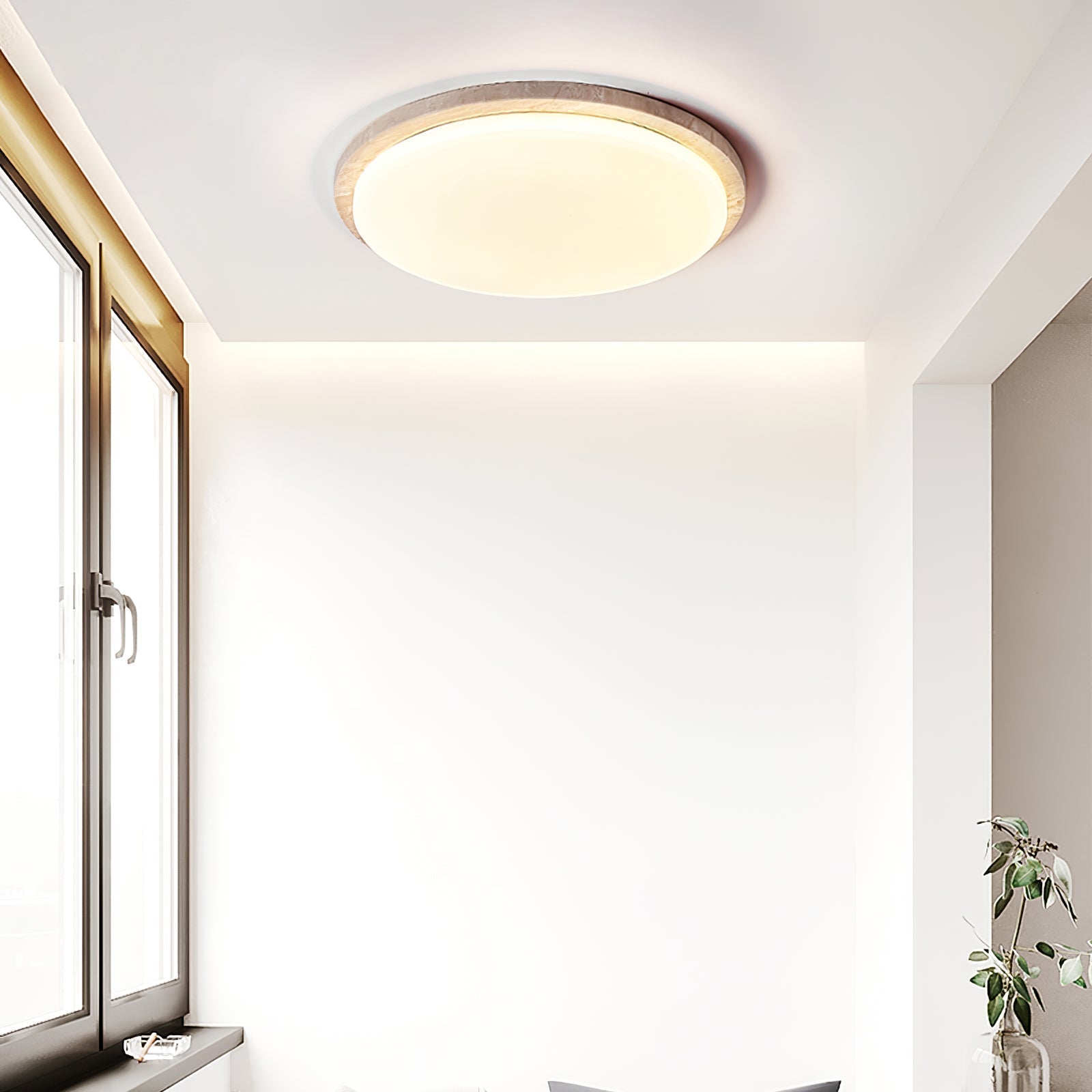 Dalvor Smooth-Rim Travertine Ceiling Light-Neutral Decor
