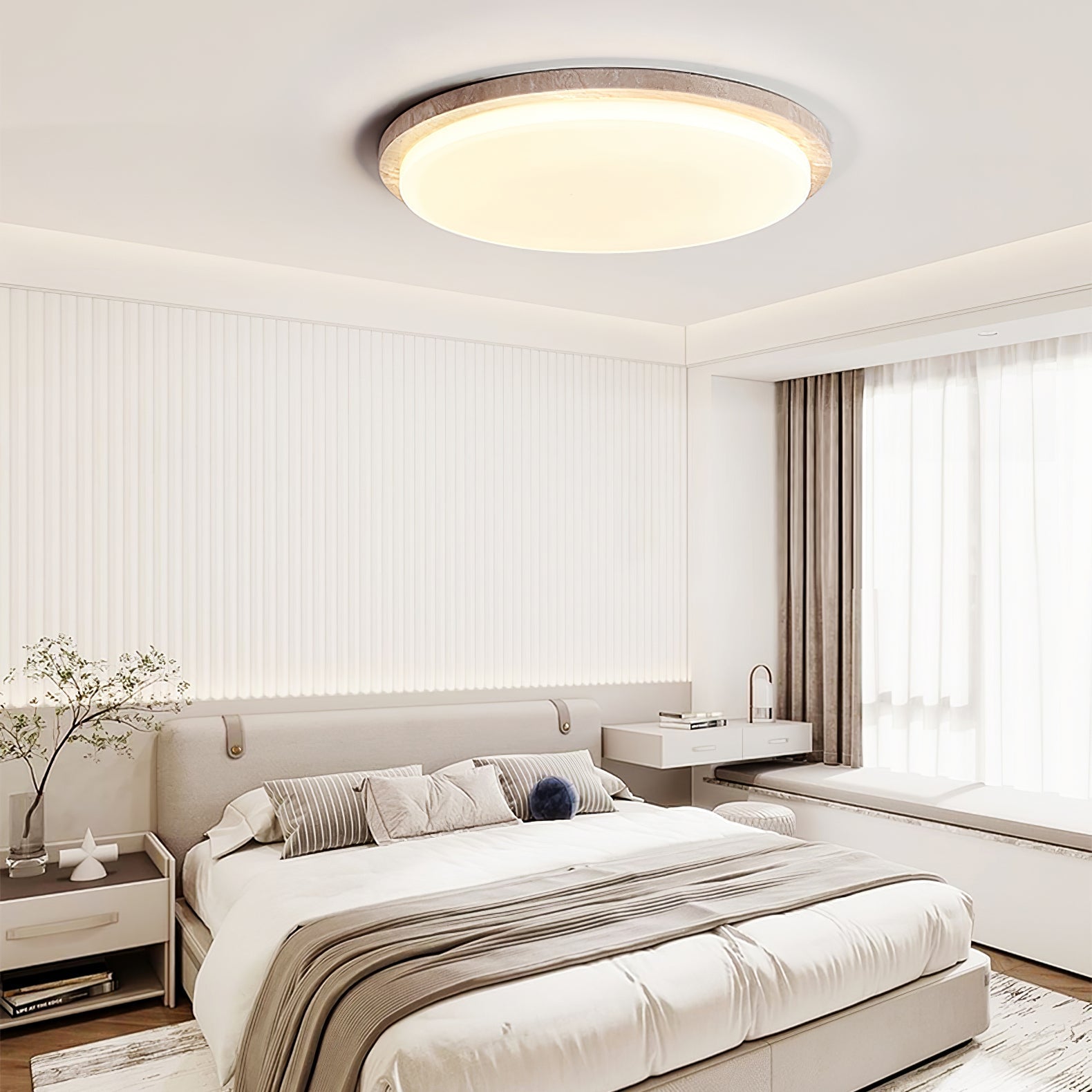 Dalvor Smooth-Rim Travertine Ceiling Light-Neutral Decor