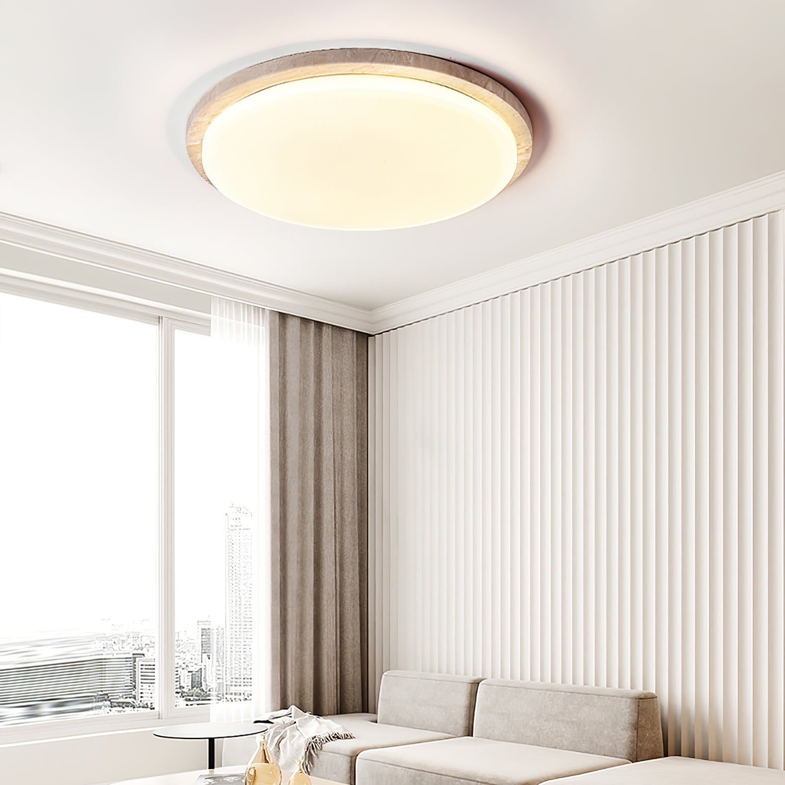 Dalvor Smooth-Rim Travertine Ceiling Light-Neutral Decor