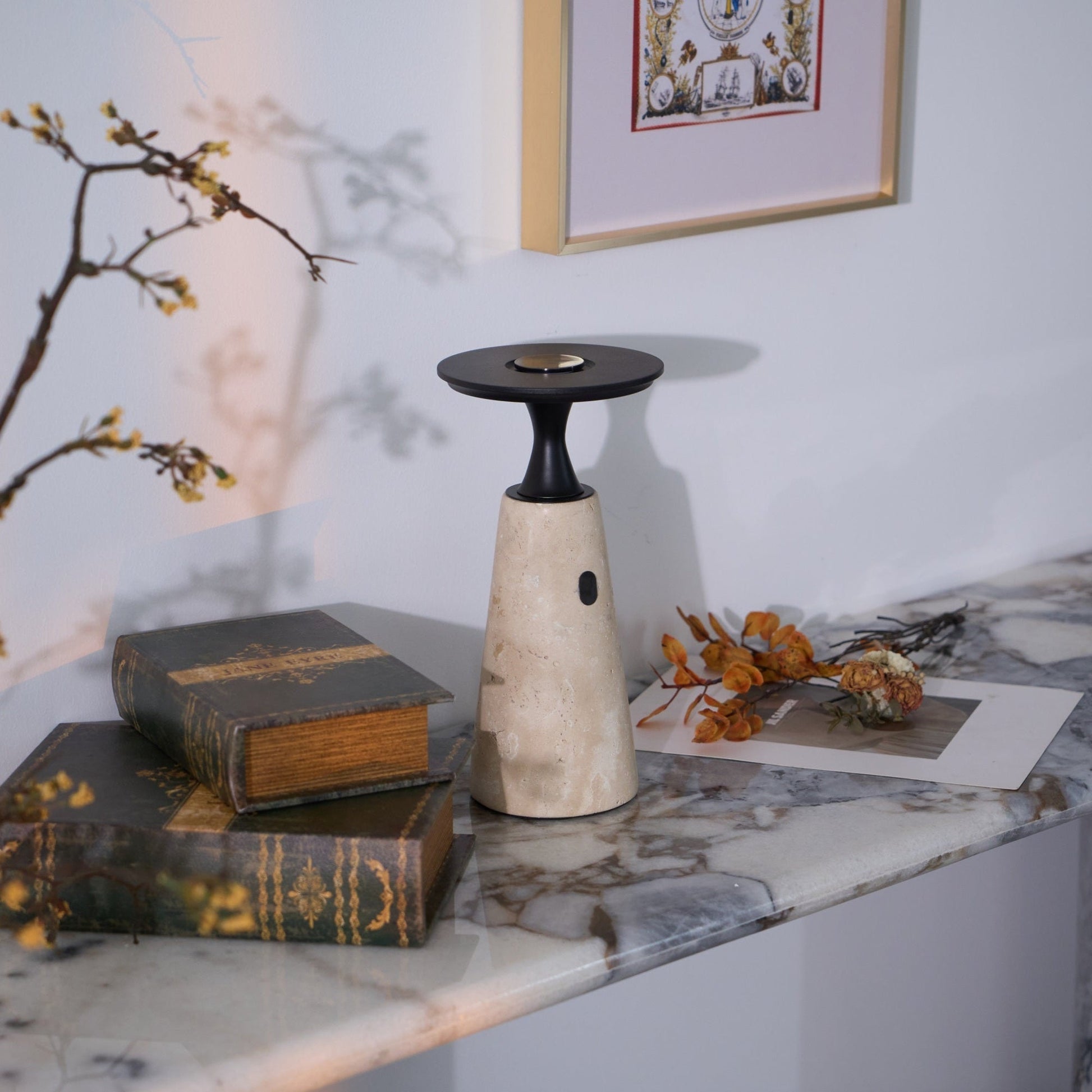 Vespera Sculptural Travertine Table Lamp-Neutral Decor