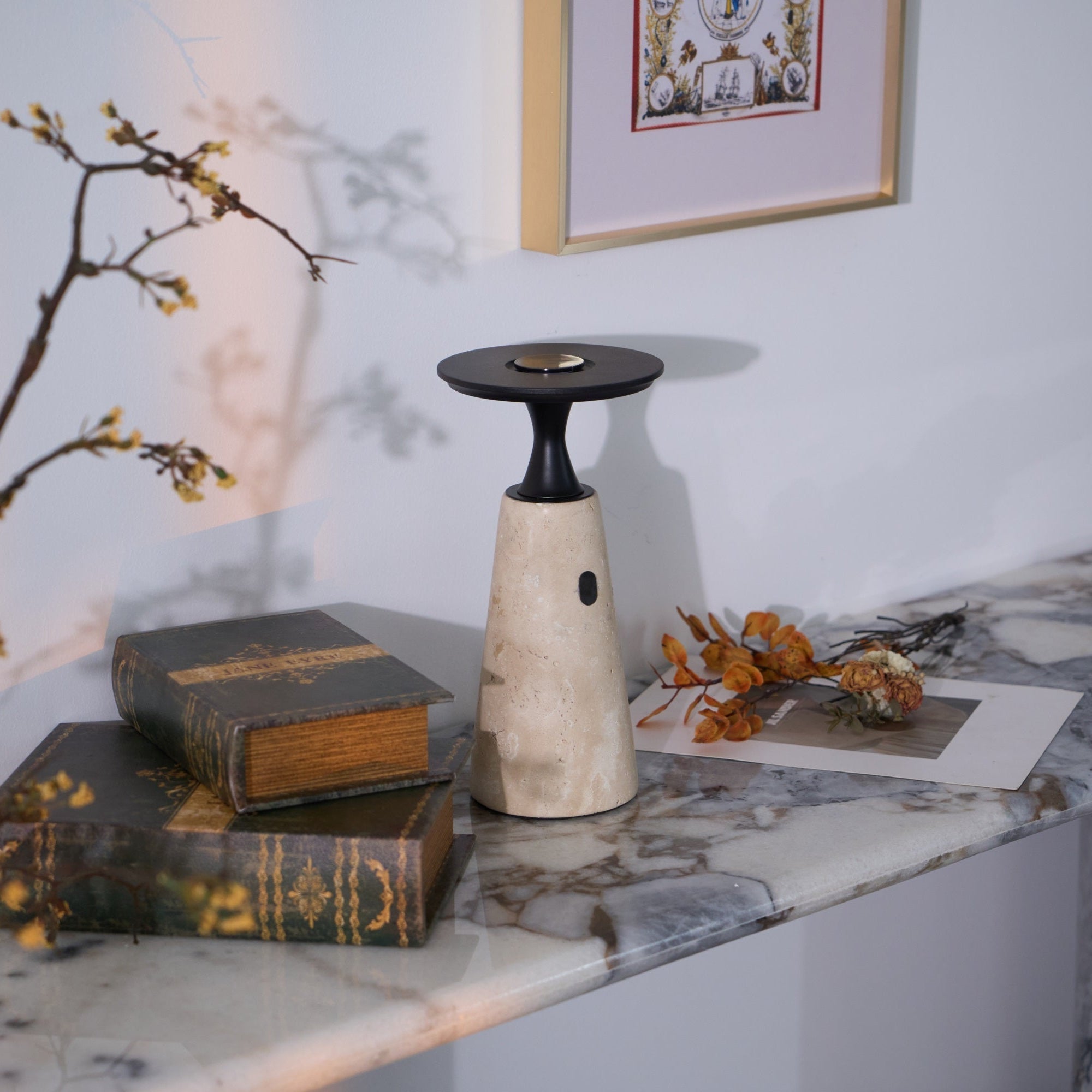 Vespera Sculptural Travertine Table Lamp-Neutral Decor