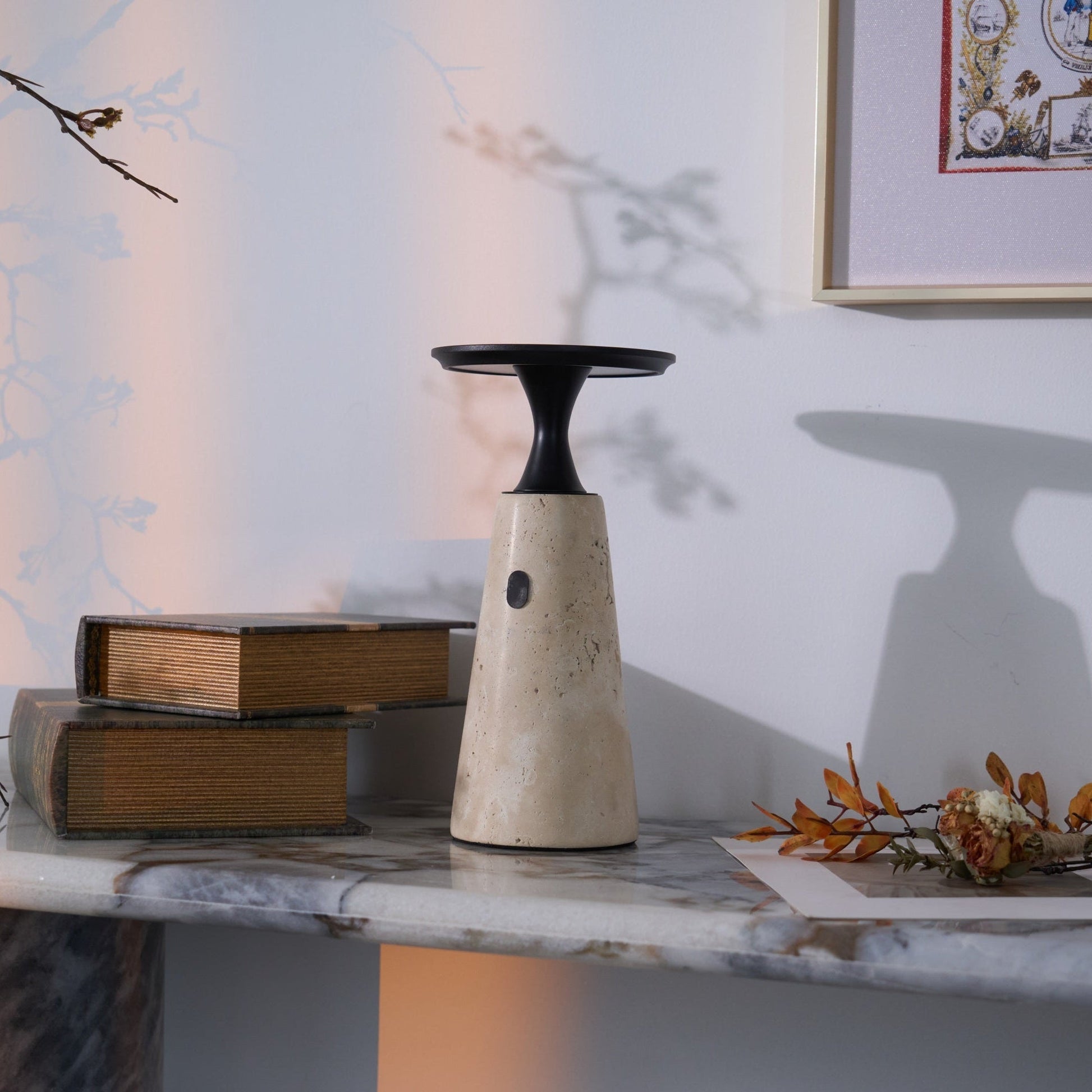 Vespera Sculptural Travertine Table Lamp-Neutral Decor