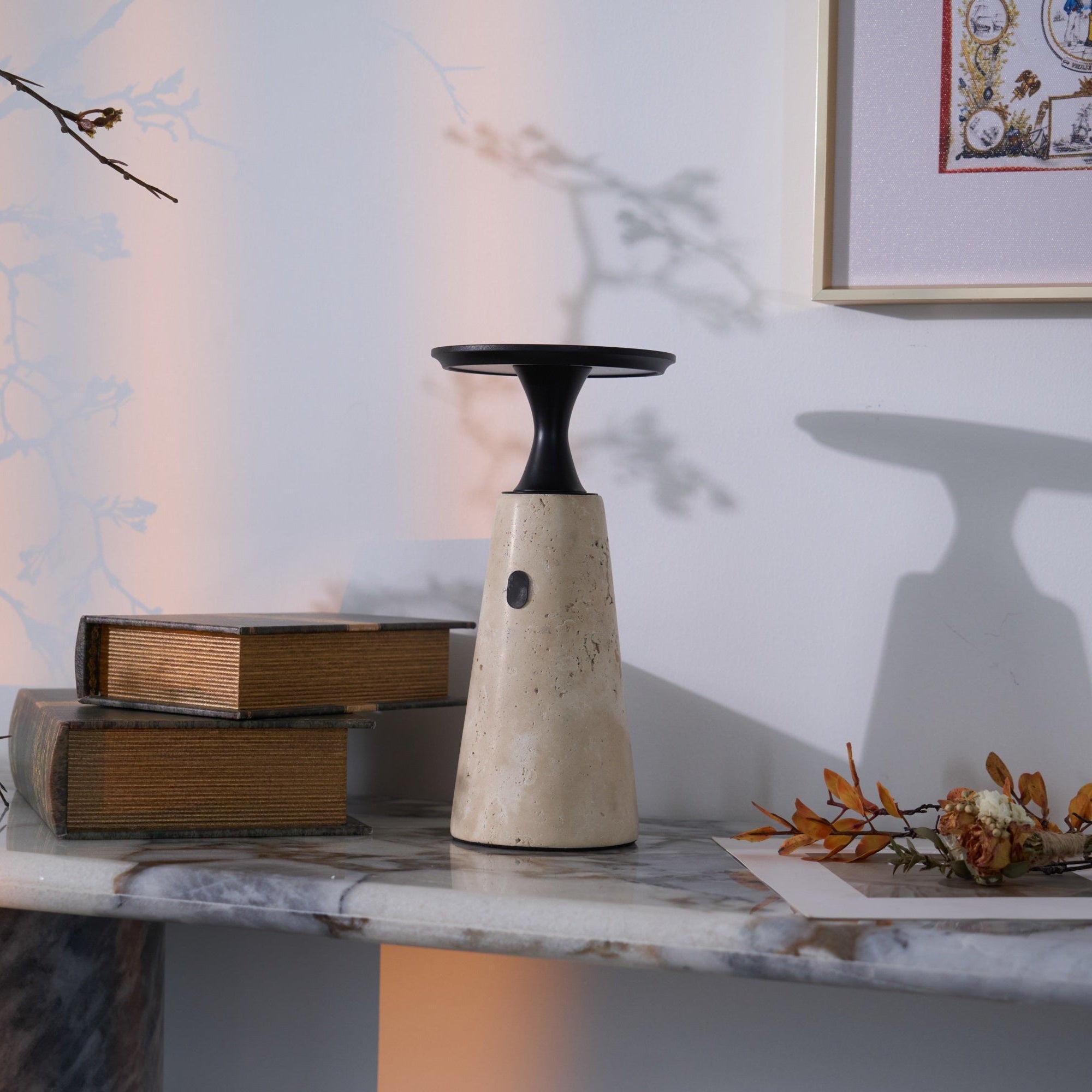 Vespera Sculptural Travertine Table Lamp-Neutral Decor