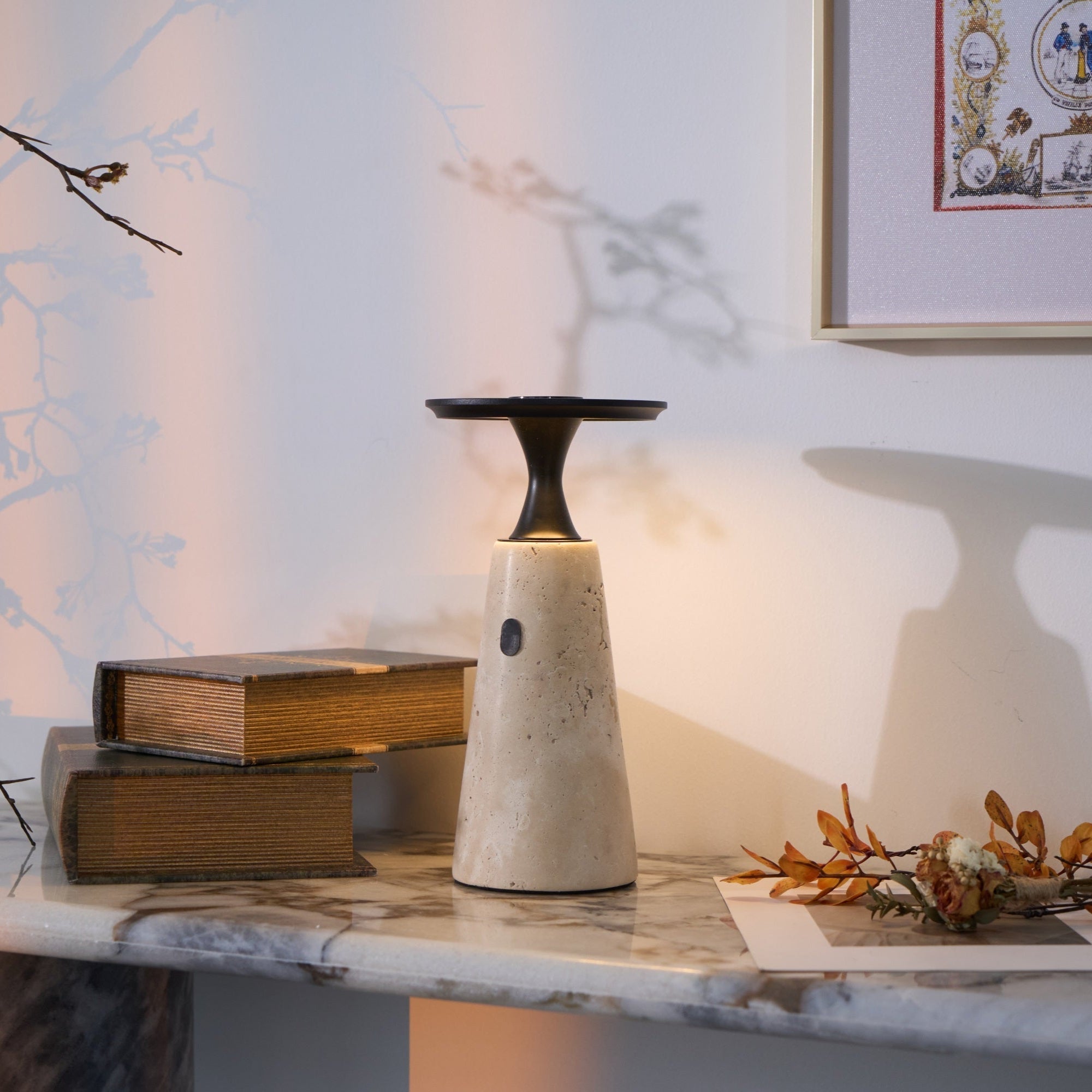 Vespera Sculptural Travertine Table Lamp-Neutral Decor