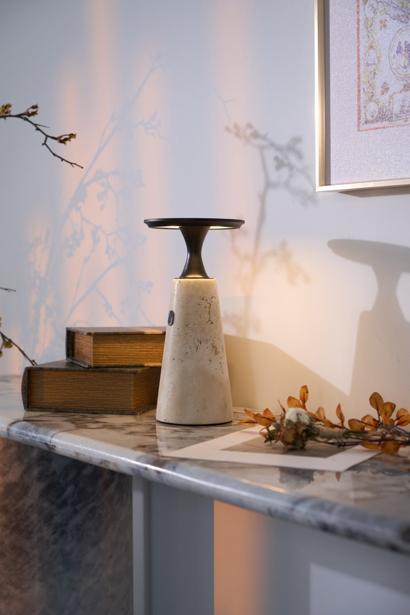 Vespera Sculptural Travertine Table Lamp-Neutral Decor