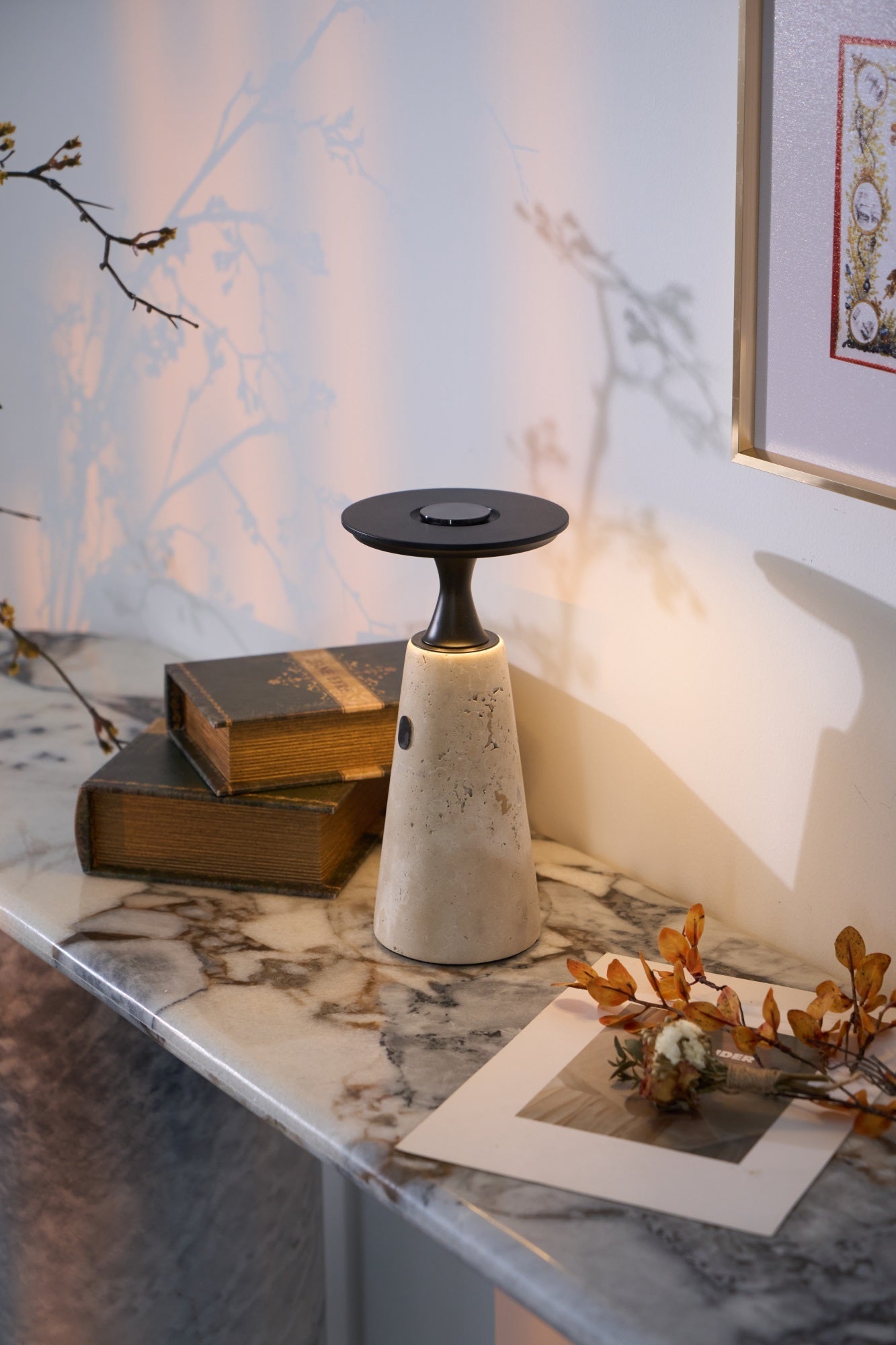 Vespera Sculptural Travertine Table Lamp-Neutral Decor