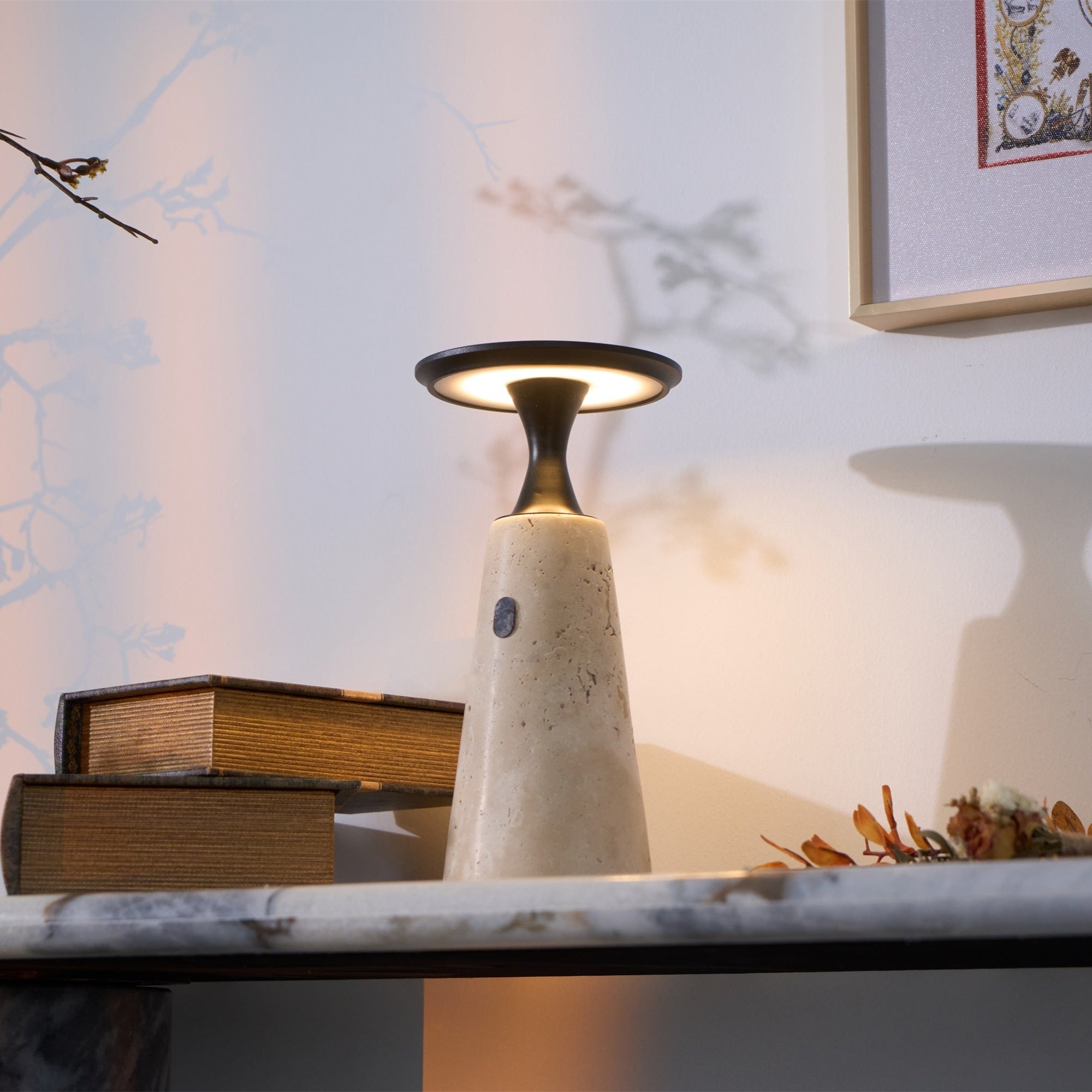 Vespera Sculptural Travertine Table Lamp-Neutral Decor