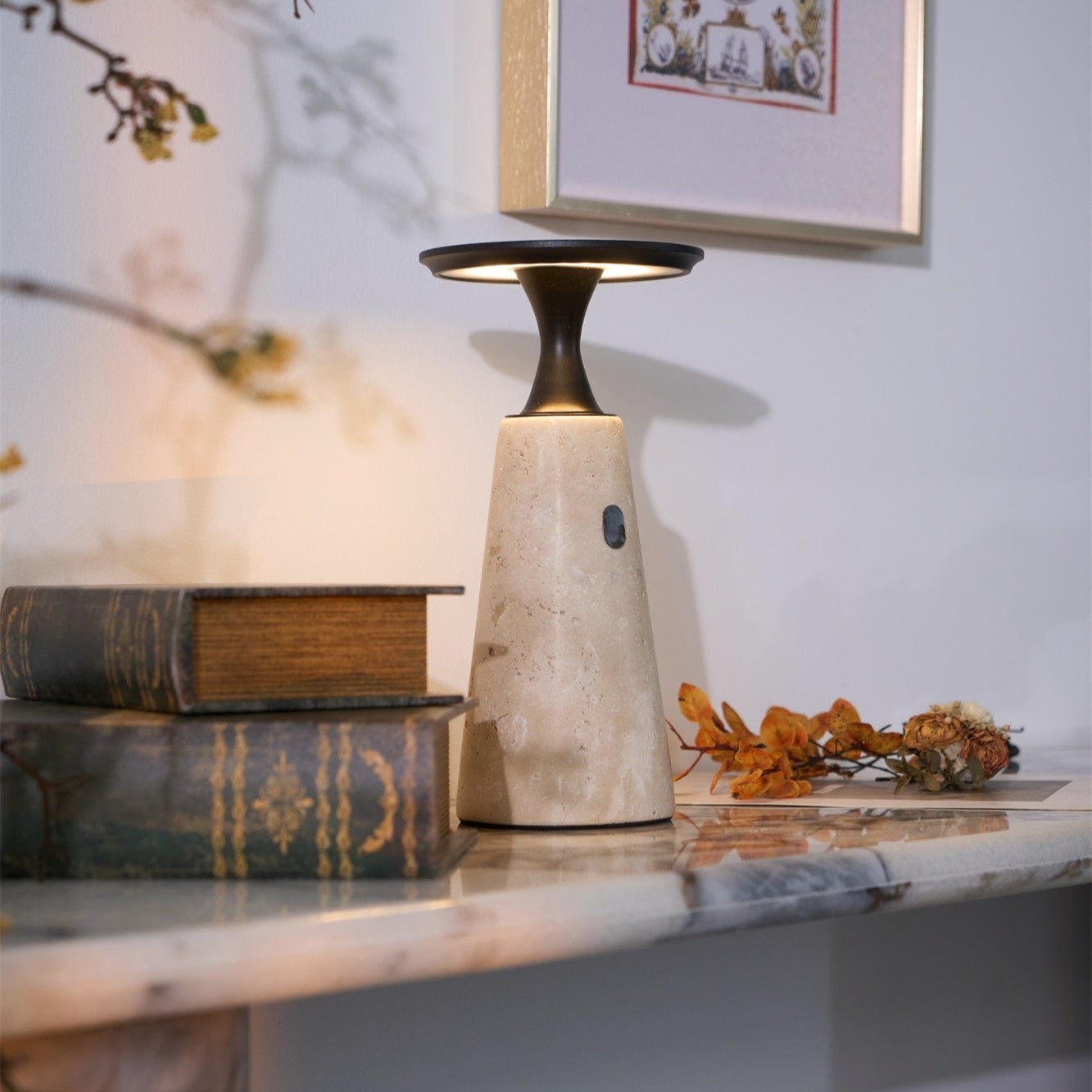 Vespera Sculptural Travertine Table Lamp-Neutral Decor