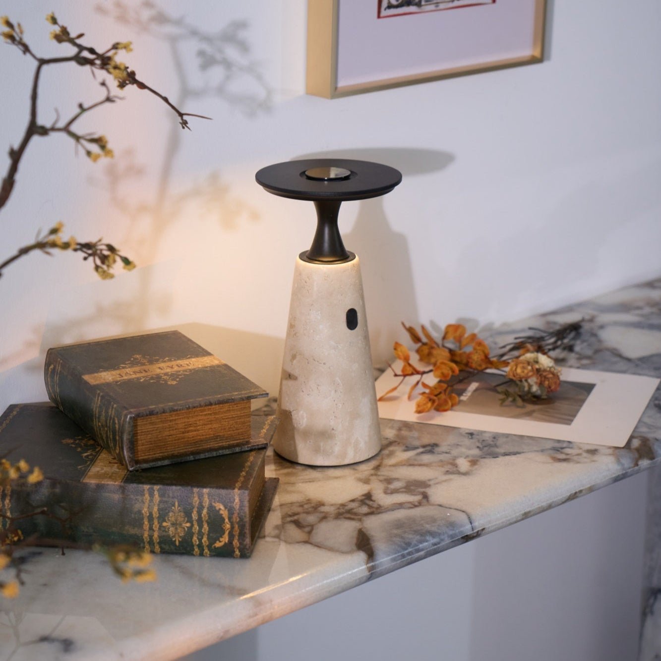 Vespera Sculptural Travertine Table Lamp-Neutral Decor