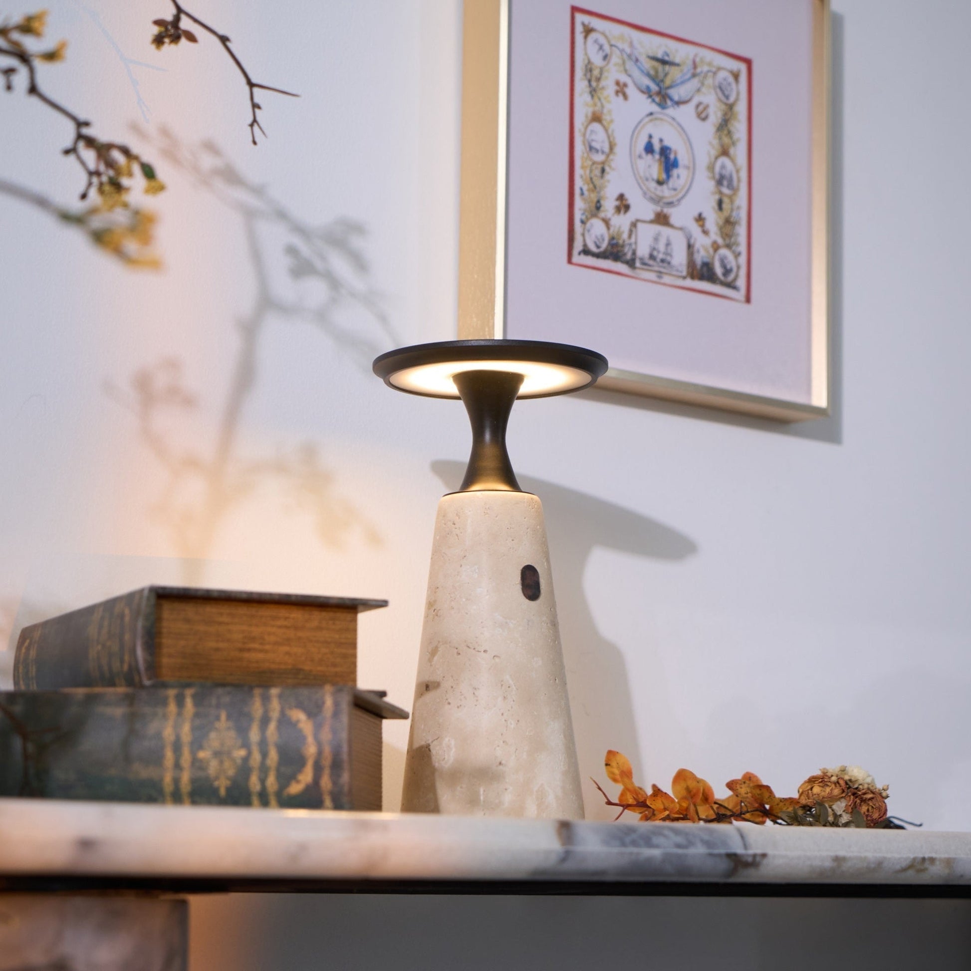 Vespera Sculptural Travertine Table Lamp-Neutral Decor
