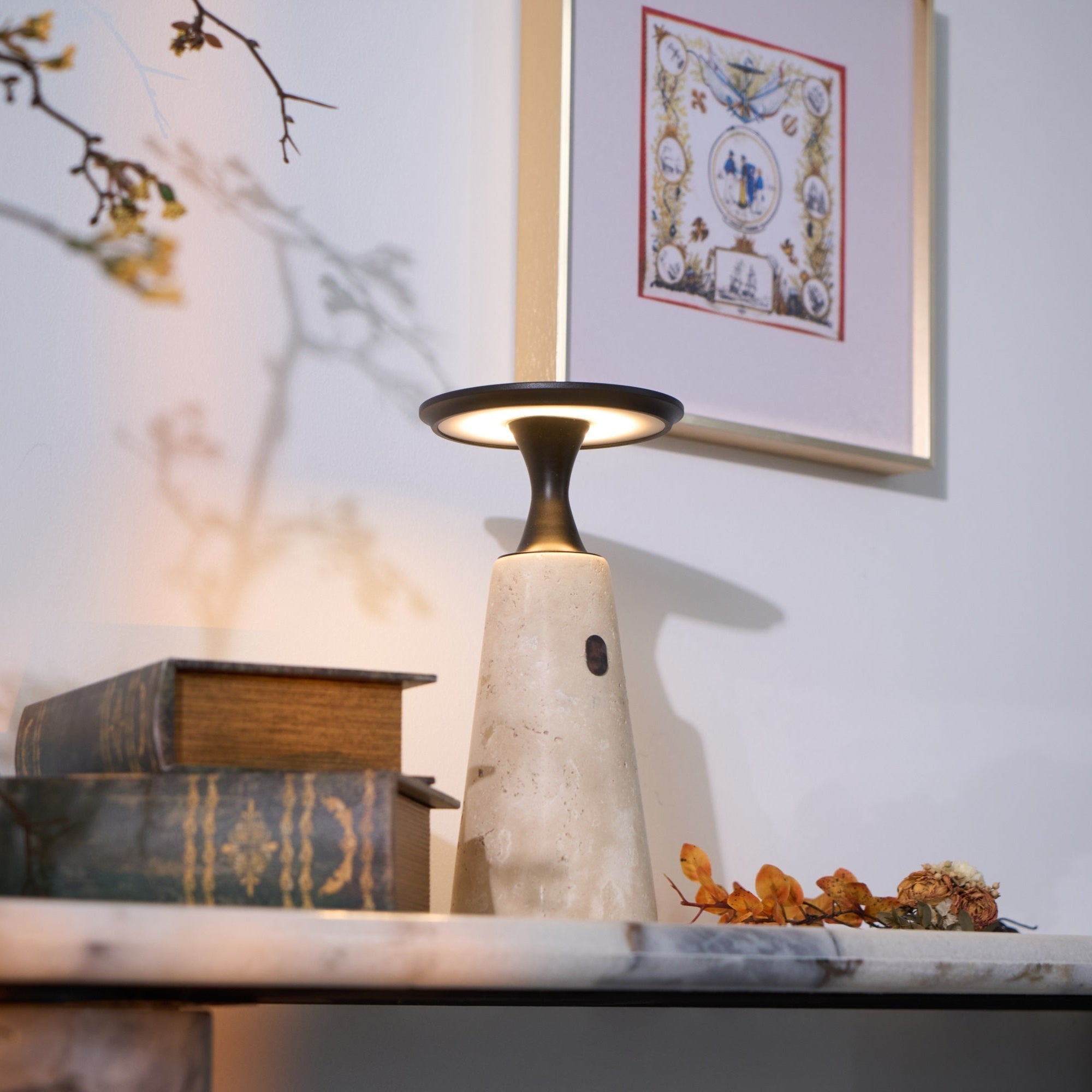 Vespera Sculptural Travertine Table Lamp-Neutral Decor