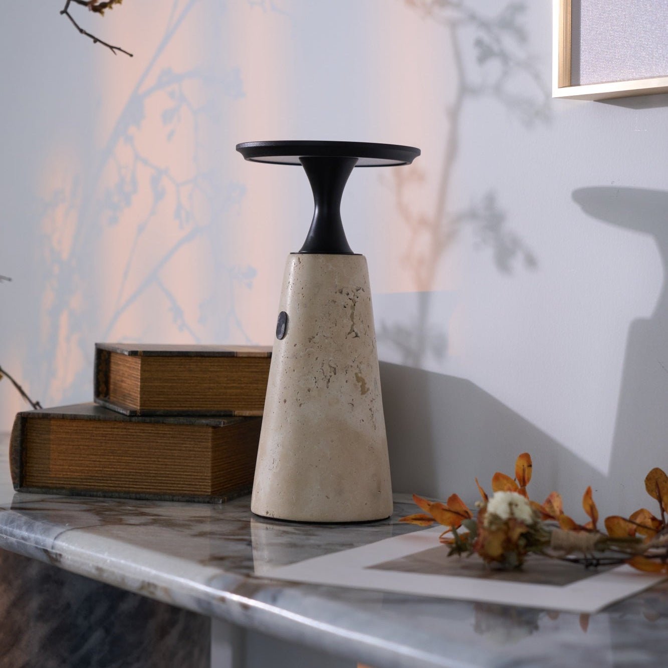 Vespera Sculptural Travertine Table Lamp-Neutral Decor