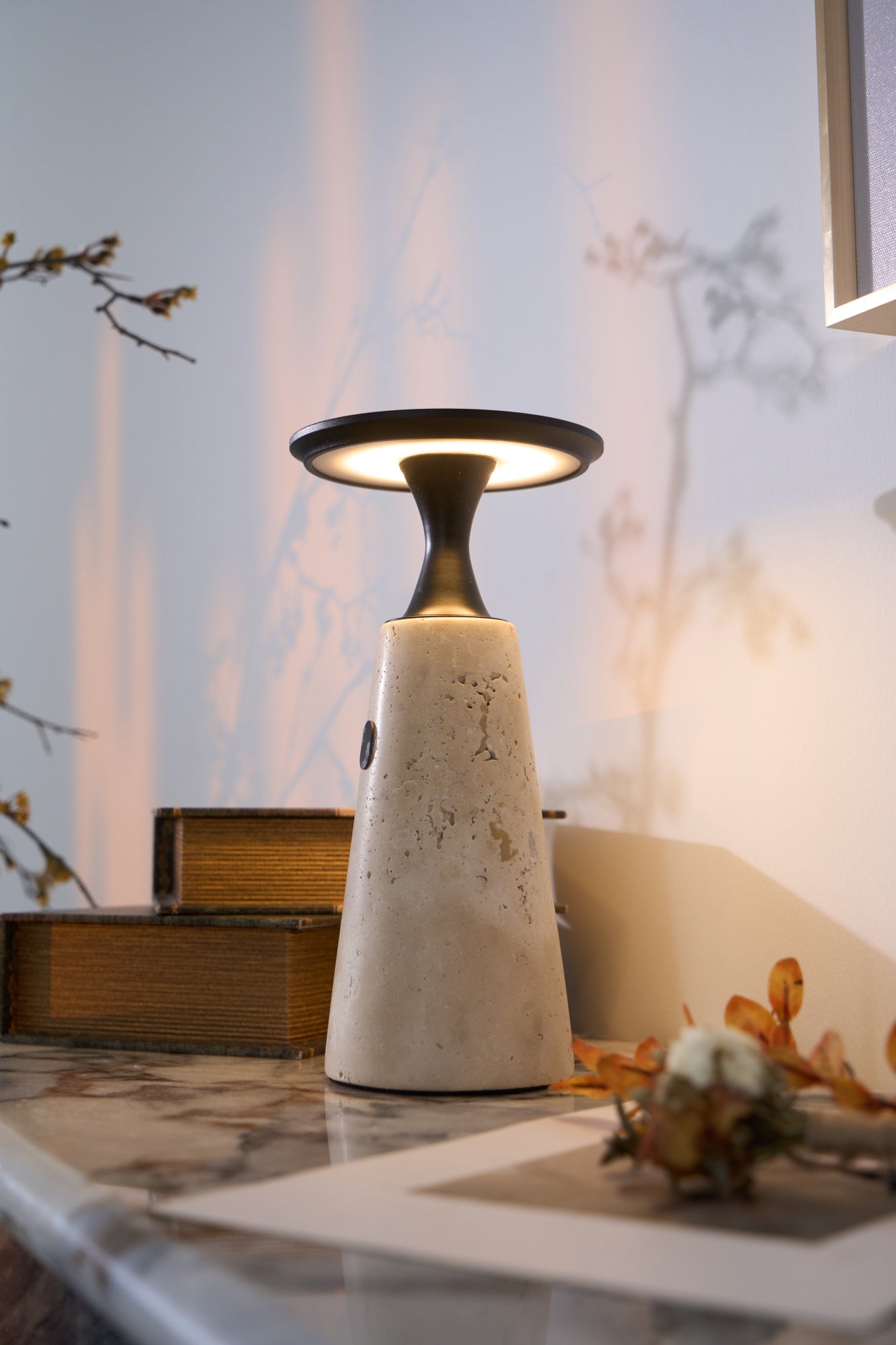 Vespera Sculptural Travertine Table Lamp-Neutral Decor