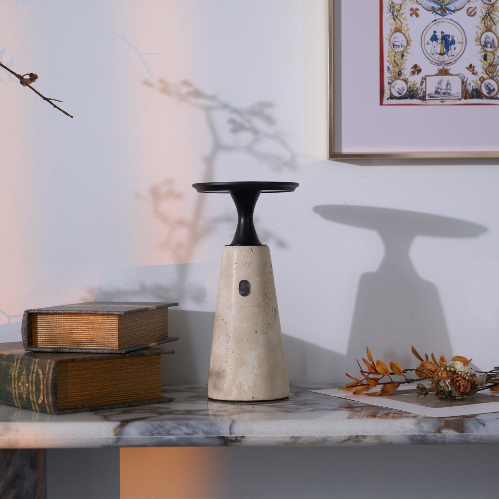 Vespera Sculptural Travertine Table Lamp-Neutral Decor