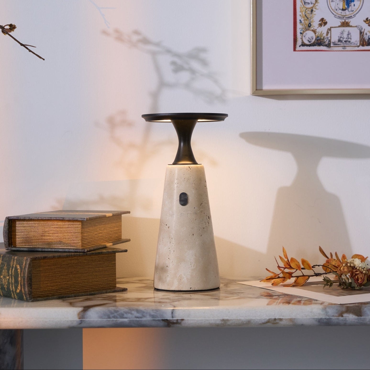 Vespera Sculptural Travertine Table Lamp-Neutral Decor