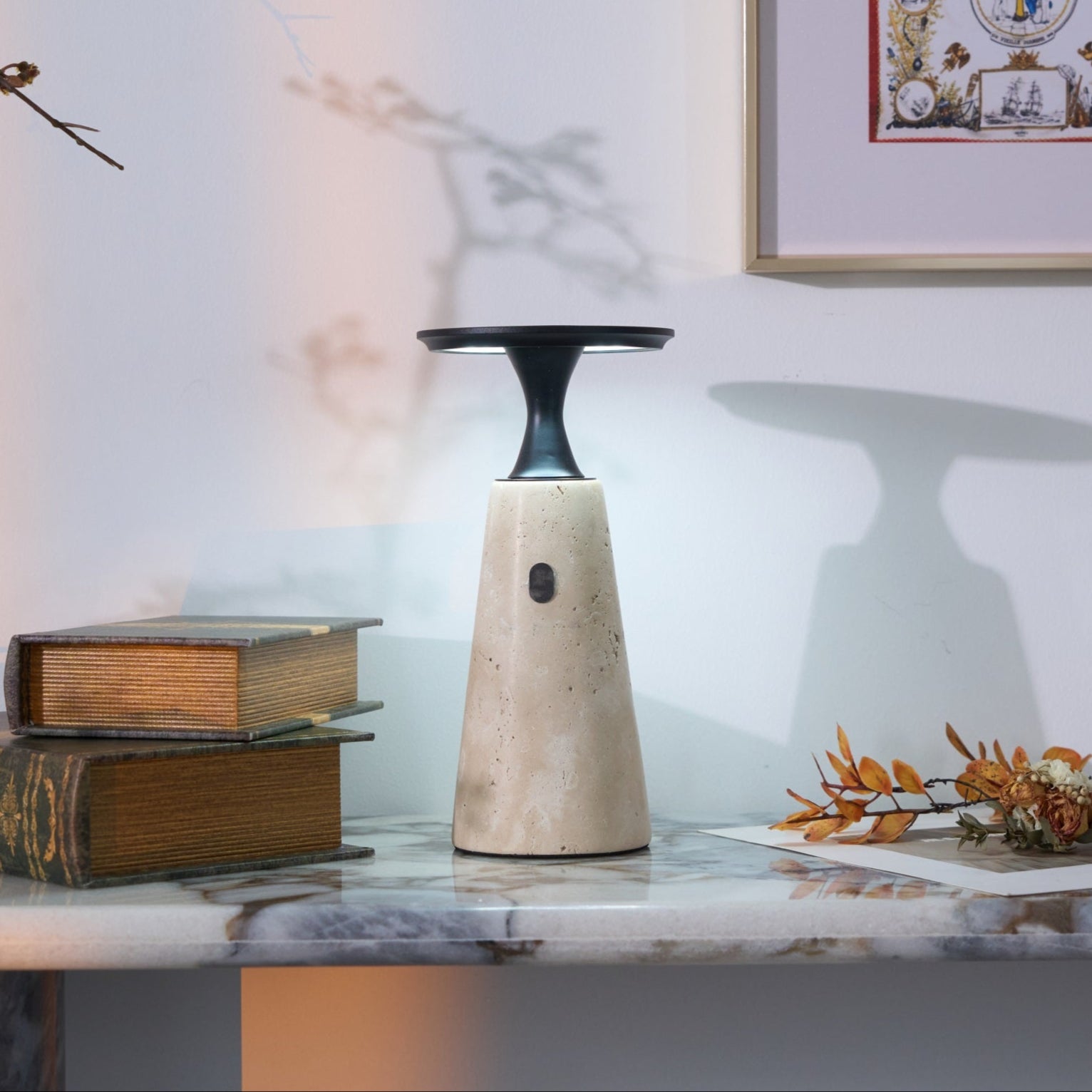 Vespera Sculptural Travertine Table Lamp-Neutral Decor