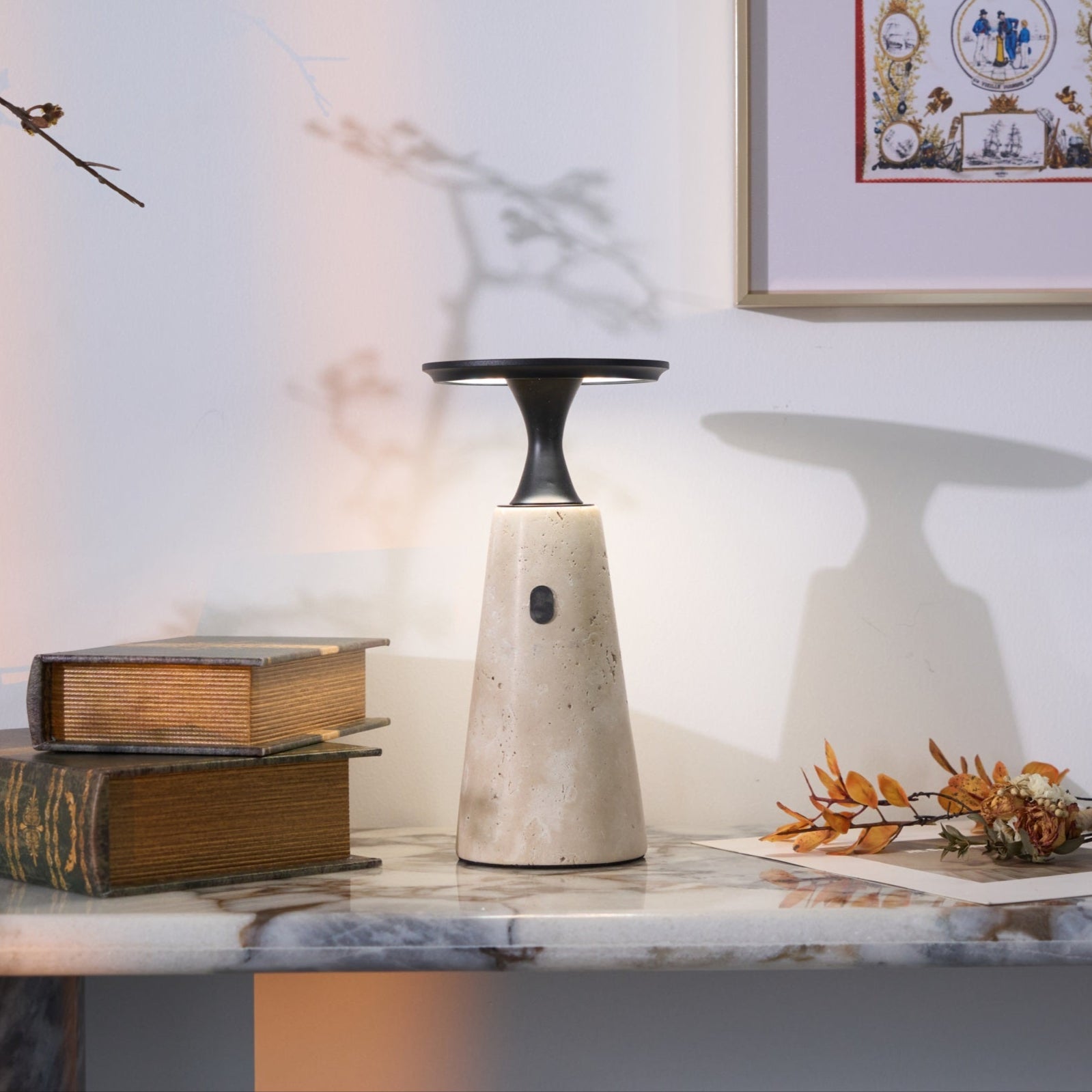 Vespera Sculptural Travertine Table Lamp-Neutral Decor