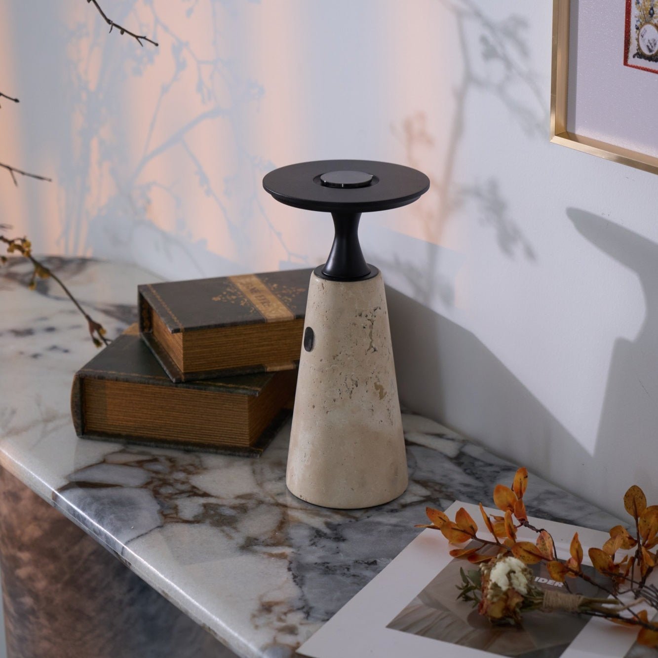 Vespera Sculptural Travertine Table Lamp-Neutral Decor