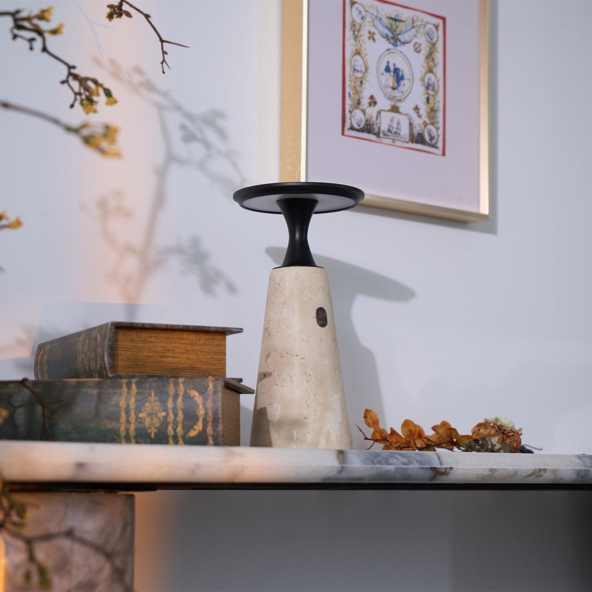 Vespera Sculptural Travertine Table Lamp-Neutral Decor