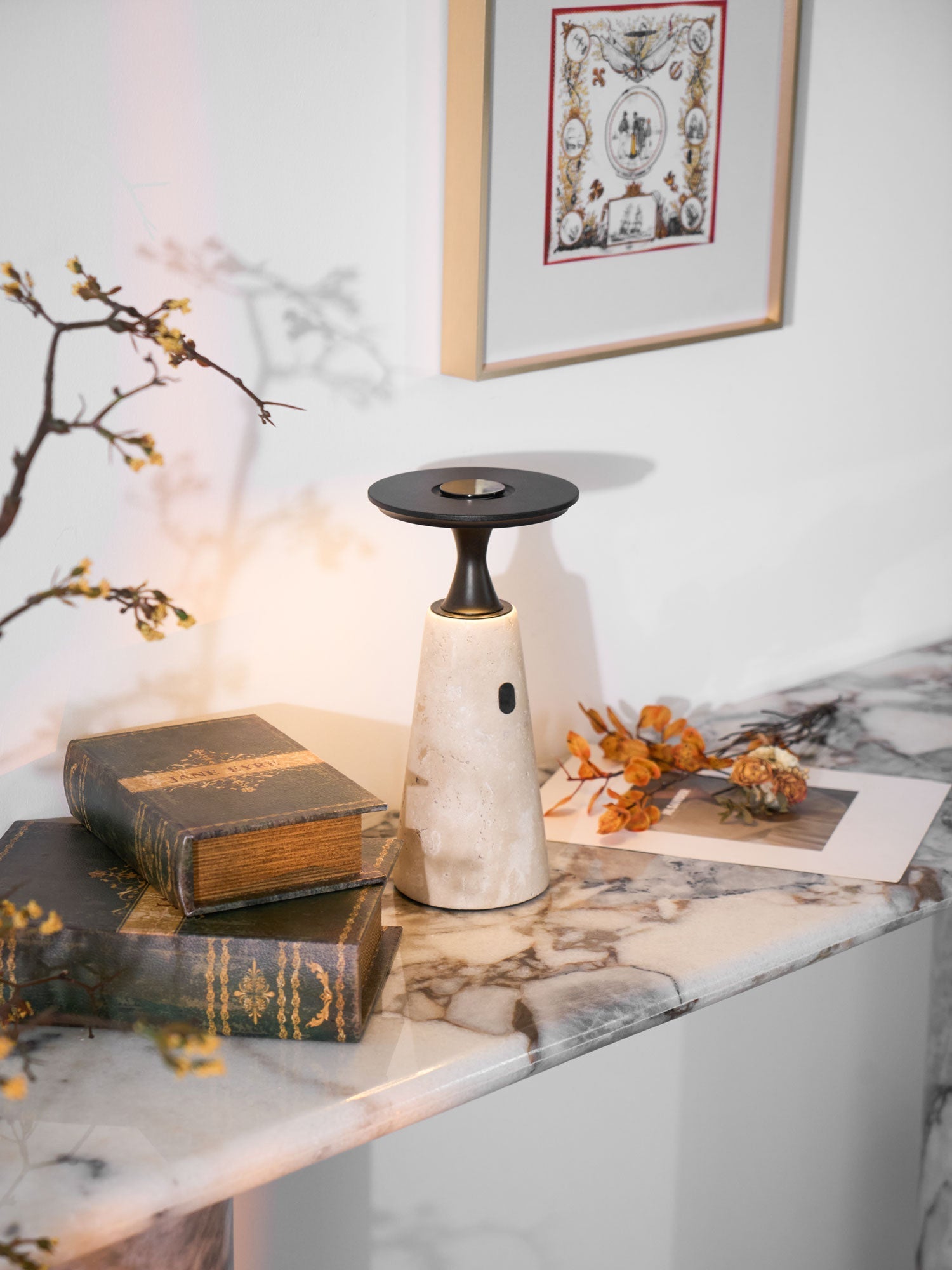 Vespera Sculptural Travertine Table Lamp-Neutral Decor
