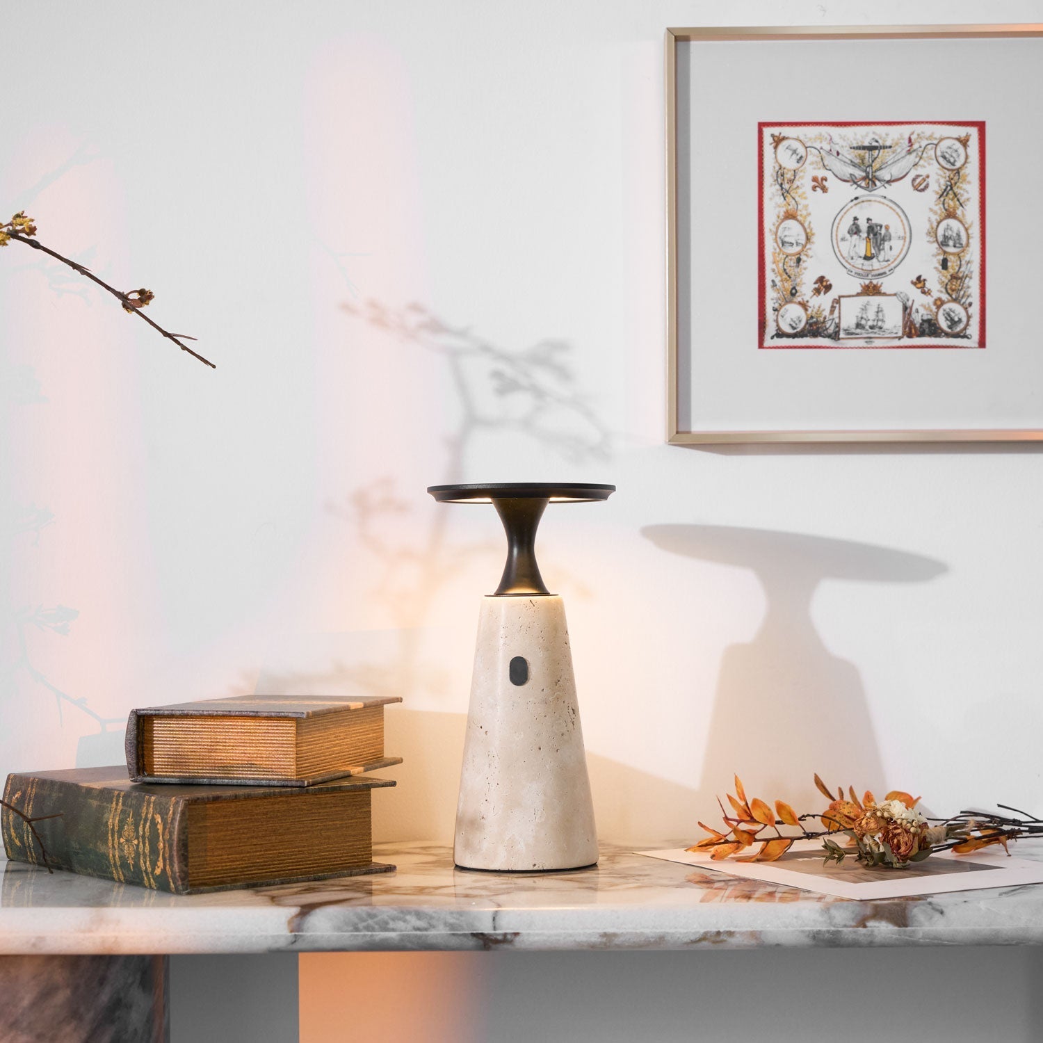 Vespera Sculptural Travertine Table Lamp-Neutral Decor